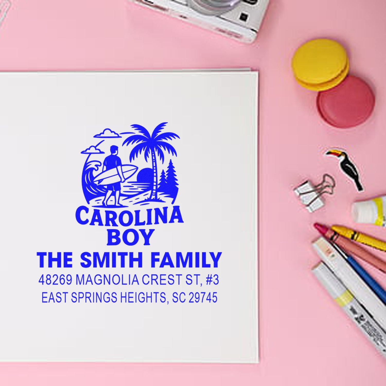Custom Carolina Boy address rubber stamp for The Smith Family, featuring a surfboard, palm tree, and beach-themed design.