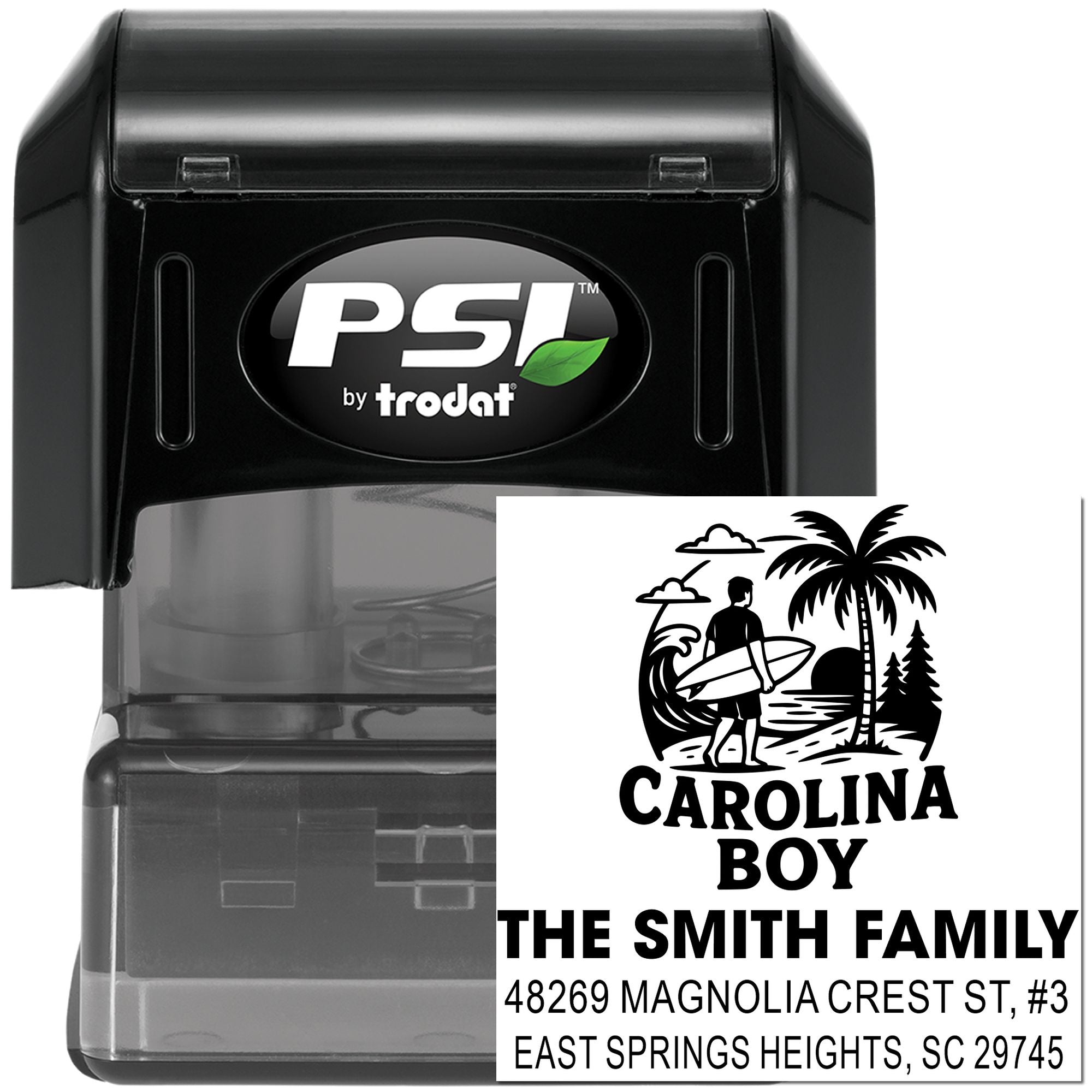 Custom PSI by Trodat self-inking rubber stamp with surfer beach design and return address for The Smith Family.
