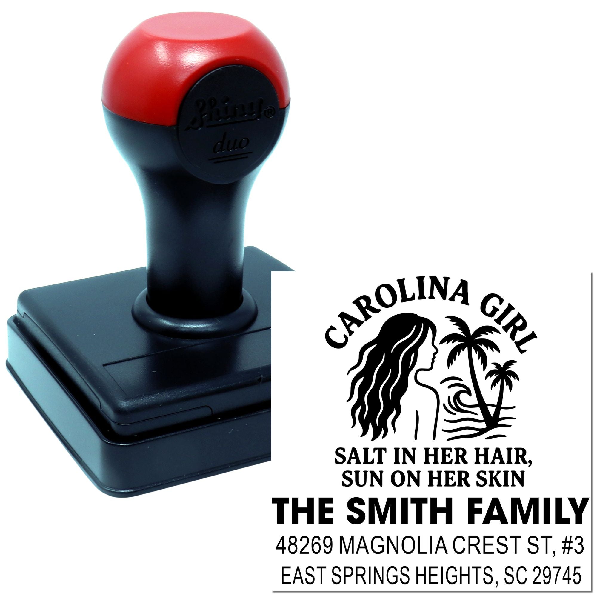 Personalized self-inking rubber address stamp with Carolina Girl design for custom family mailings