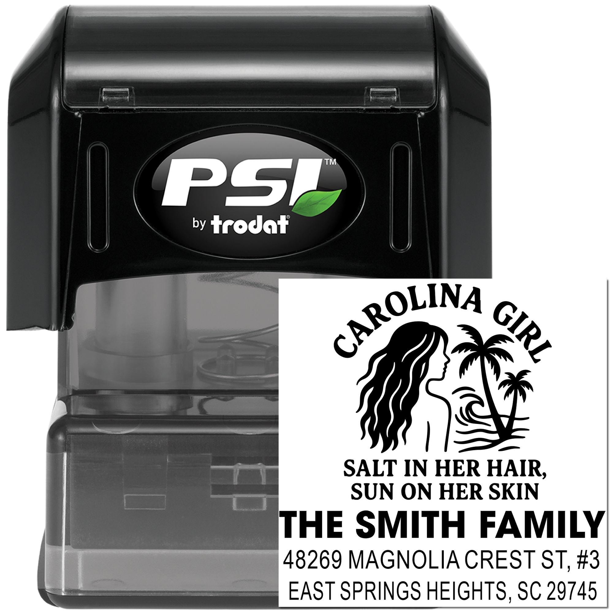Personalized self-inking rubber address stamp with Carolina Girl beach design for custom family mail and envelopes.