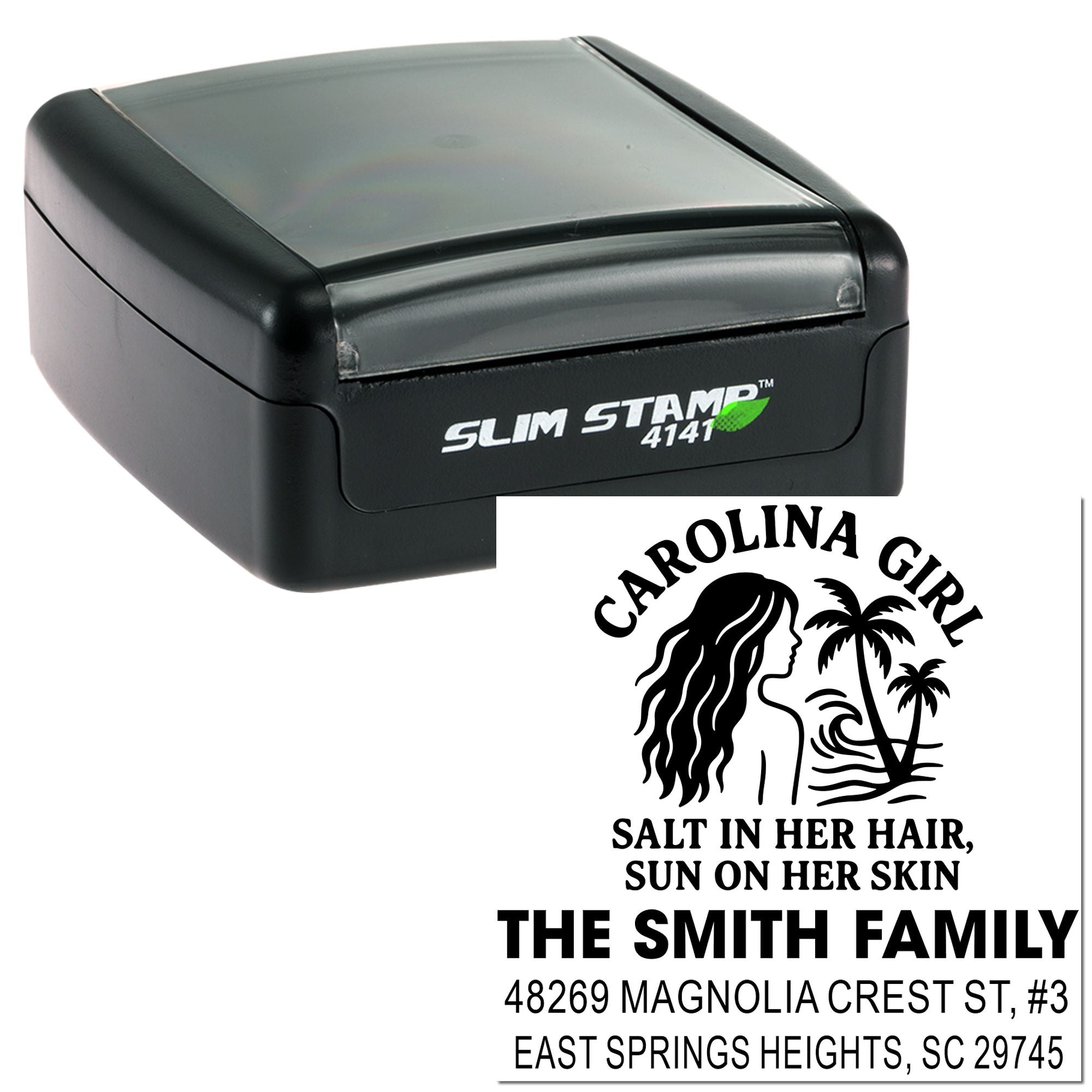 Custom self-inking address rubber stamp featuring Carolina Girl design and personalized family name imprint.