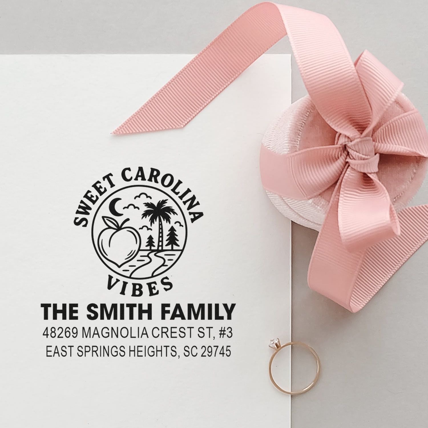 Custom family return address rubber stamp with Sweet Carolina Vibes design, perfect for personalized wedding and mailing stationery.