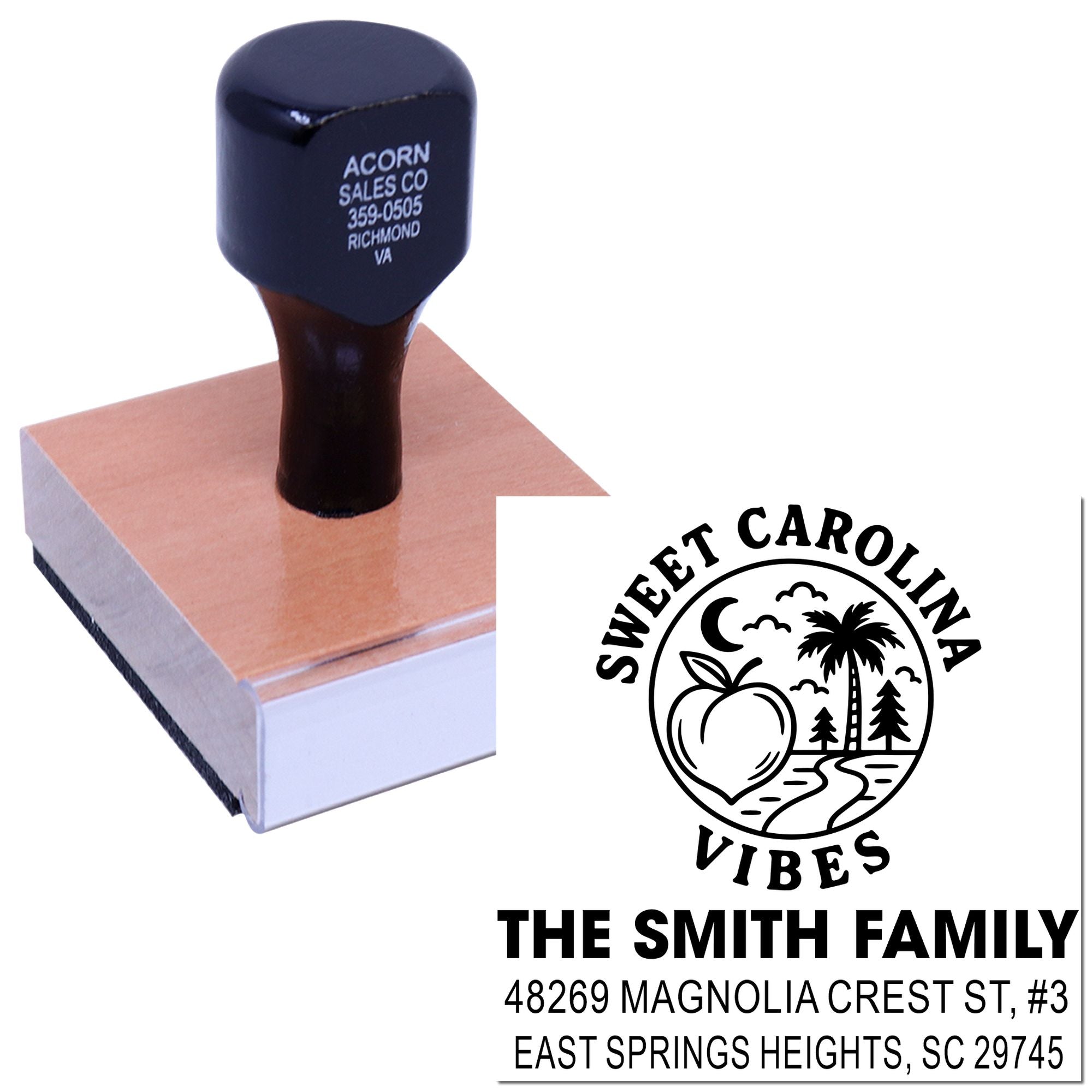 Custom return address rubber stamp with family logo, perfect for personalized envelopes and mailing.
