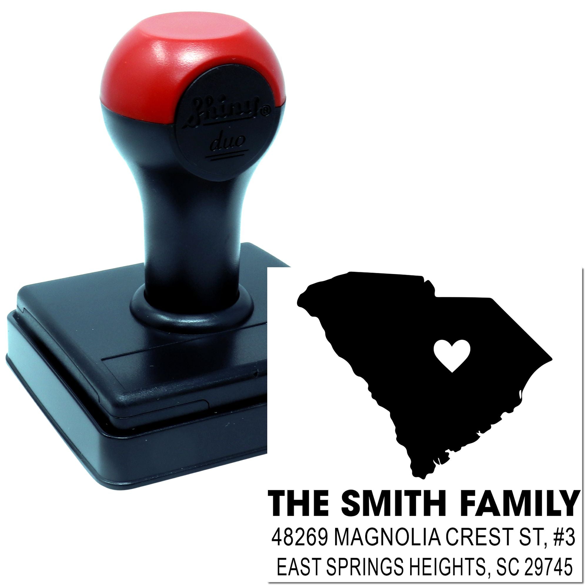 Custom self-inking address rubber stamp with South Carolina family design and heart icon for personalized mailing.