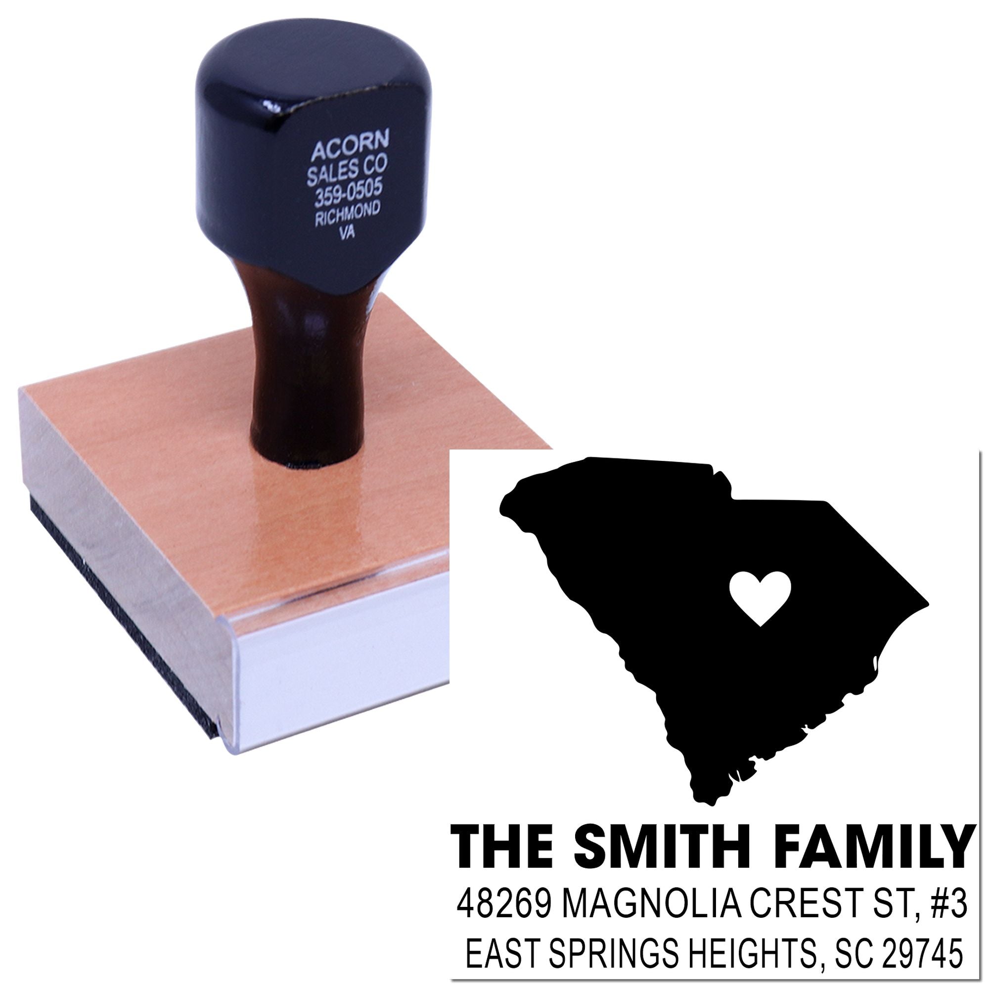 Custom South Carolina family address rubber stamp with state map and heart design for personalized mailing and return addresses.
