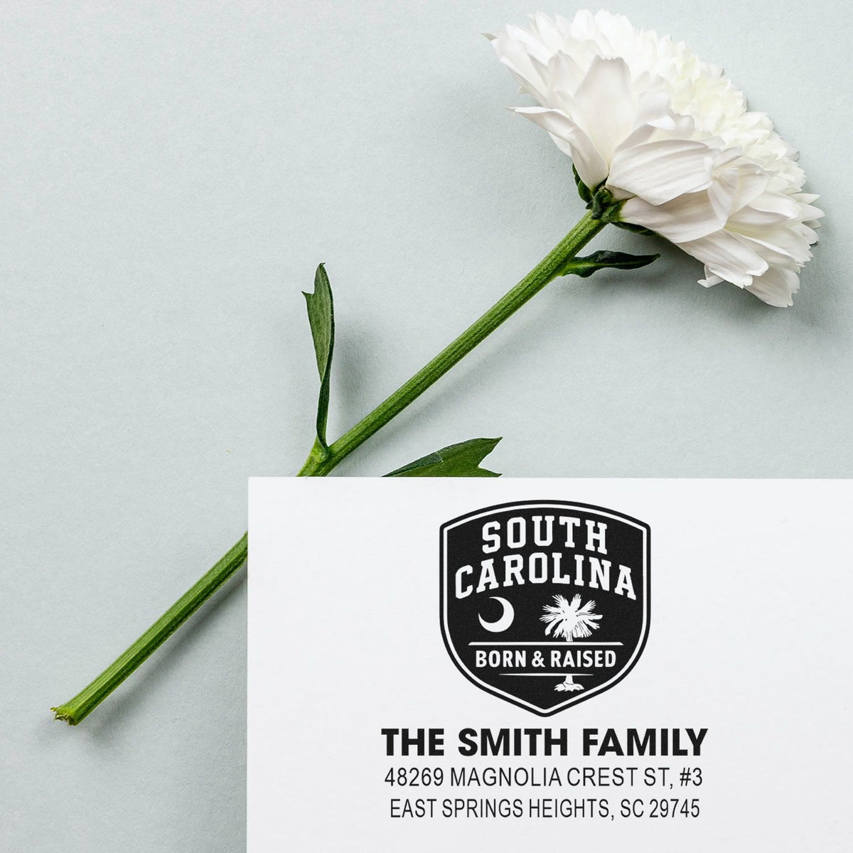 Custom South Carolina family address rubber stamp with Born & Raised design for personalized mailing and stationery.