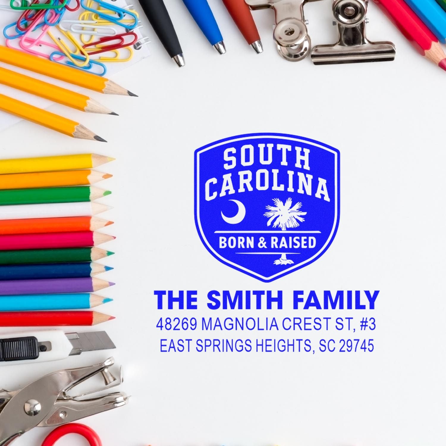 Personalized South Carolina return address rubber stamp for The Smith Family with Born & Raised shield design.
