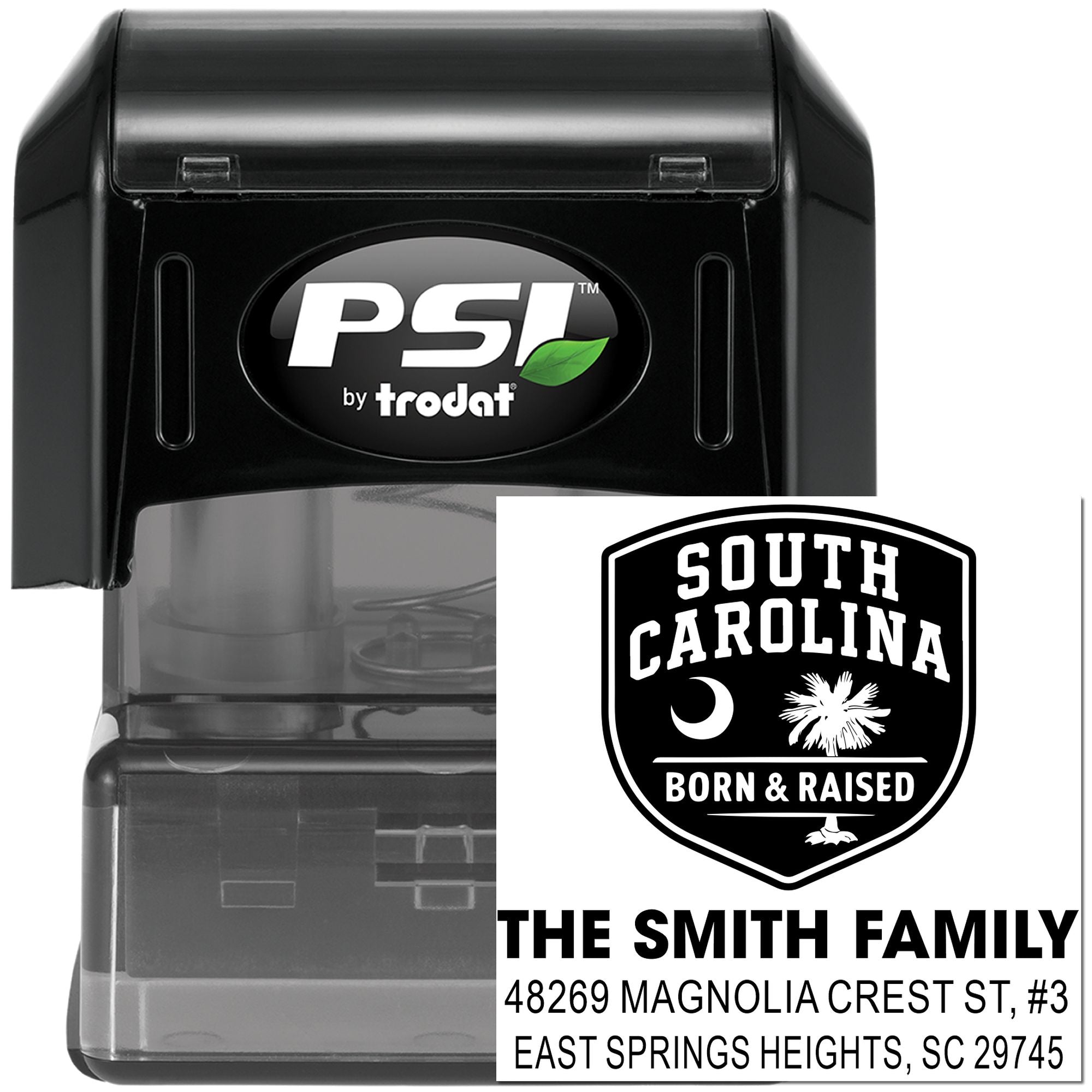 Custom self-inking rubber stamp with South Carolina family return address design for personalized mailing.