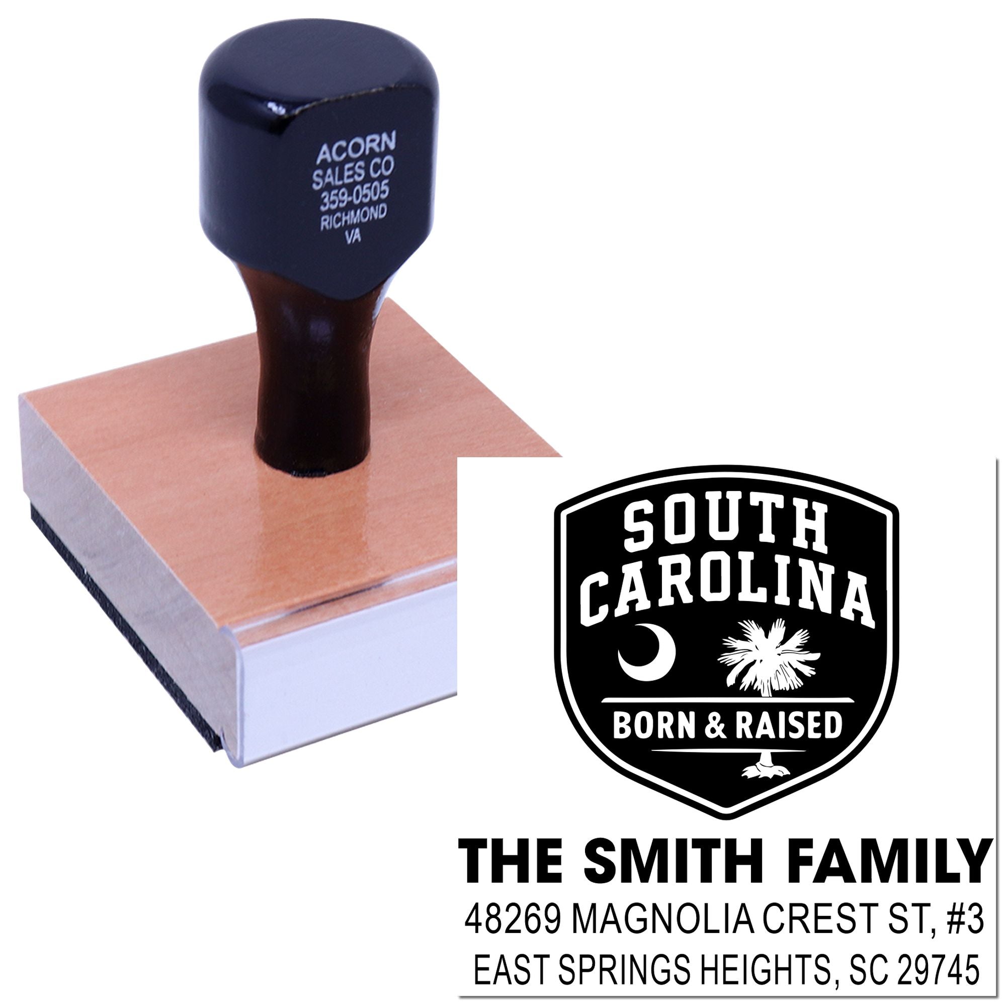 Custom rubber stamp with South Carolina Born & Raised design and family address imprint for personalized mailing.
