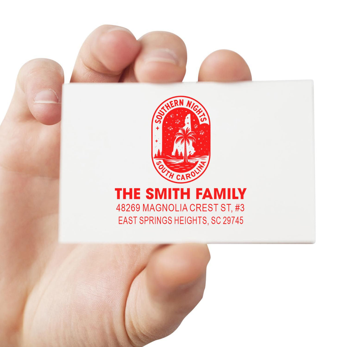 Custom return address rubber stamp with Southern Nights South Carolina design for The Smith Family mailing and invitations