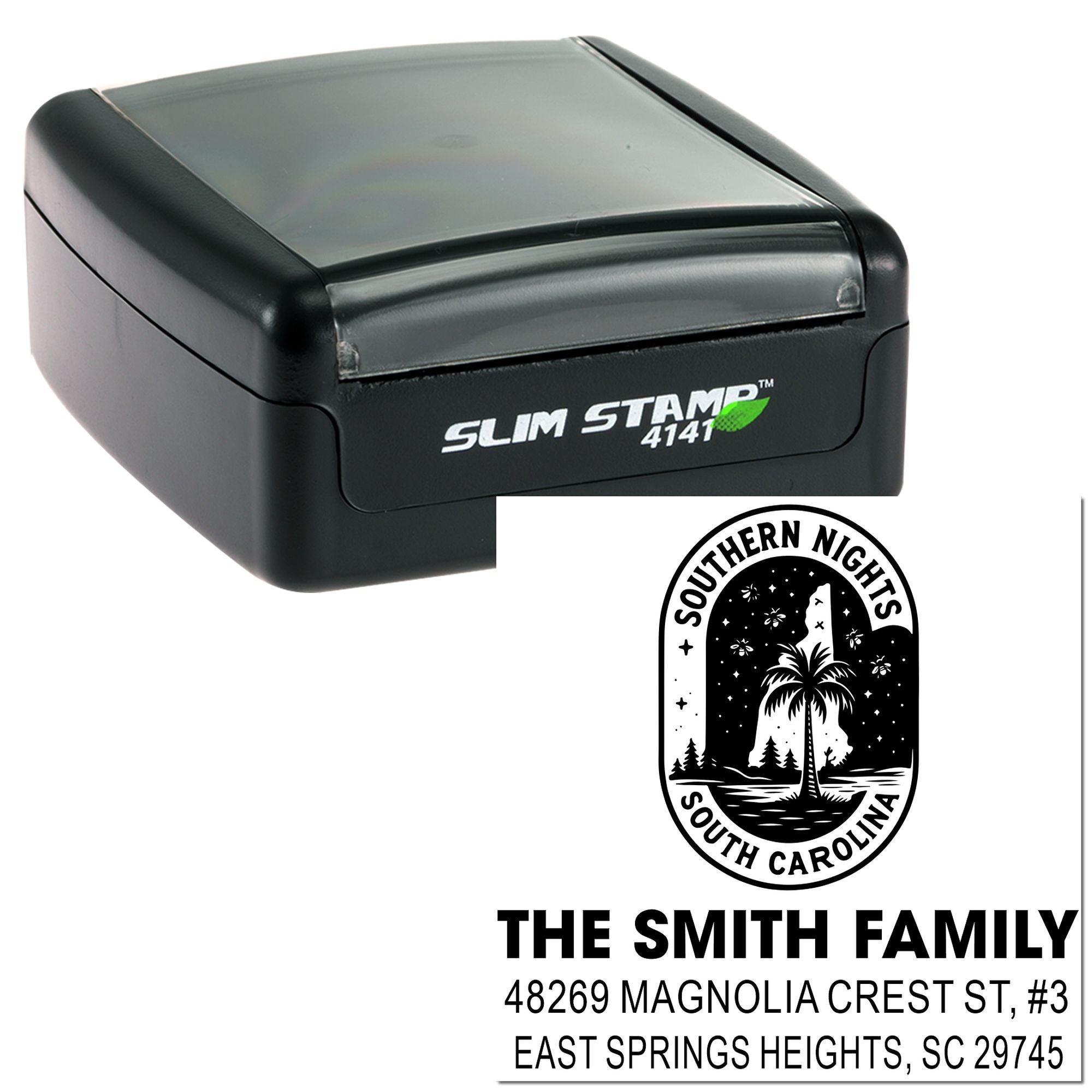 Self-inking rubber address stamp for The Smith Family with Southern Nights South Carolina custom return address design.