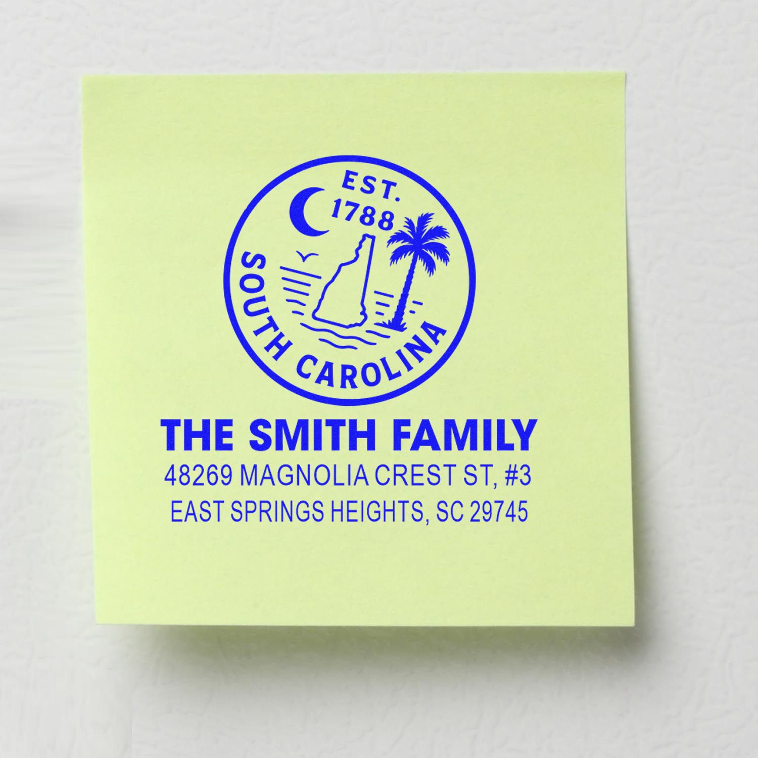 Custom South Carolina family address rubber stamp with The Smith Family return address and established date design.