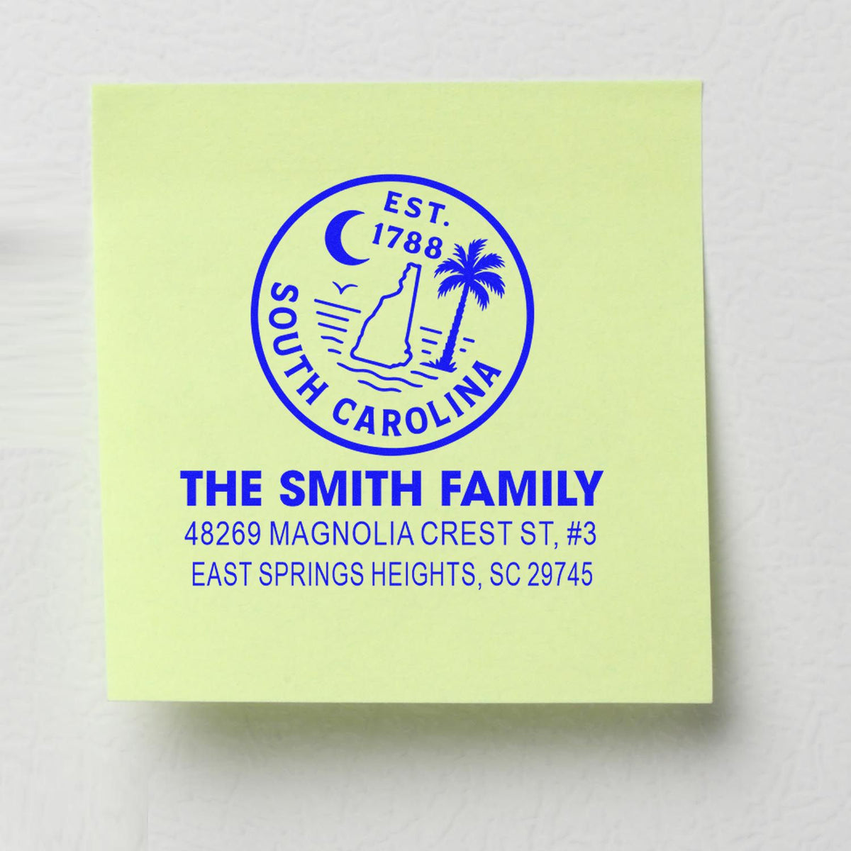 Custom family address rubber stamp with South Carolina seal, The Smith Family, East Springs Heights, SC 29745.