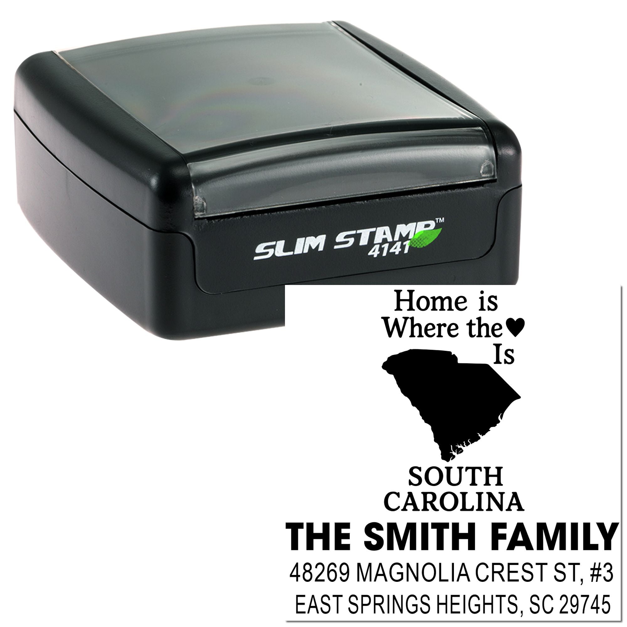 Custom Slim Stamp 4141 self-inking rubber address stamp with South Carolina home design and personalized family mailing address.