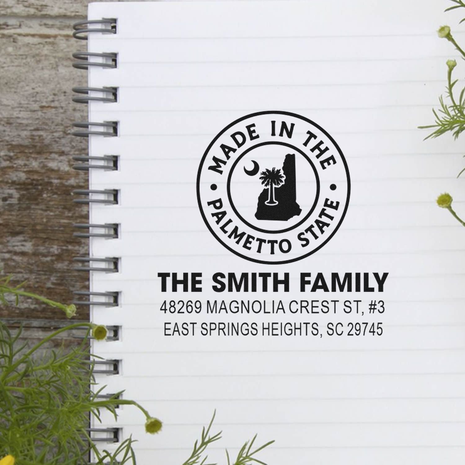 Personalized return address rubber stamp for The Smith Family with Palmetto State logo and South Carolina address.