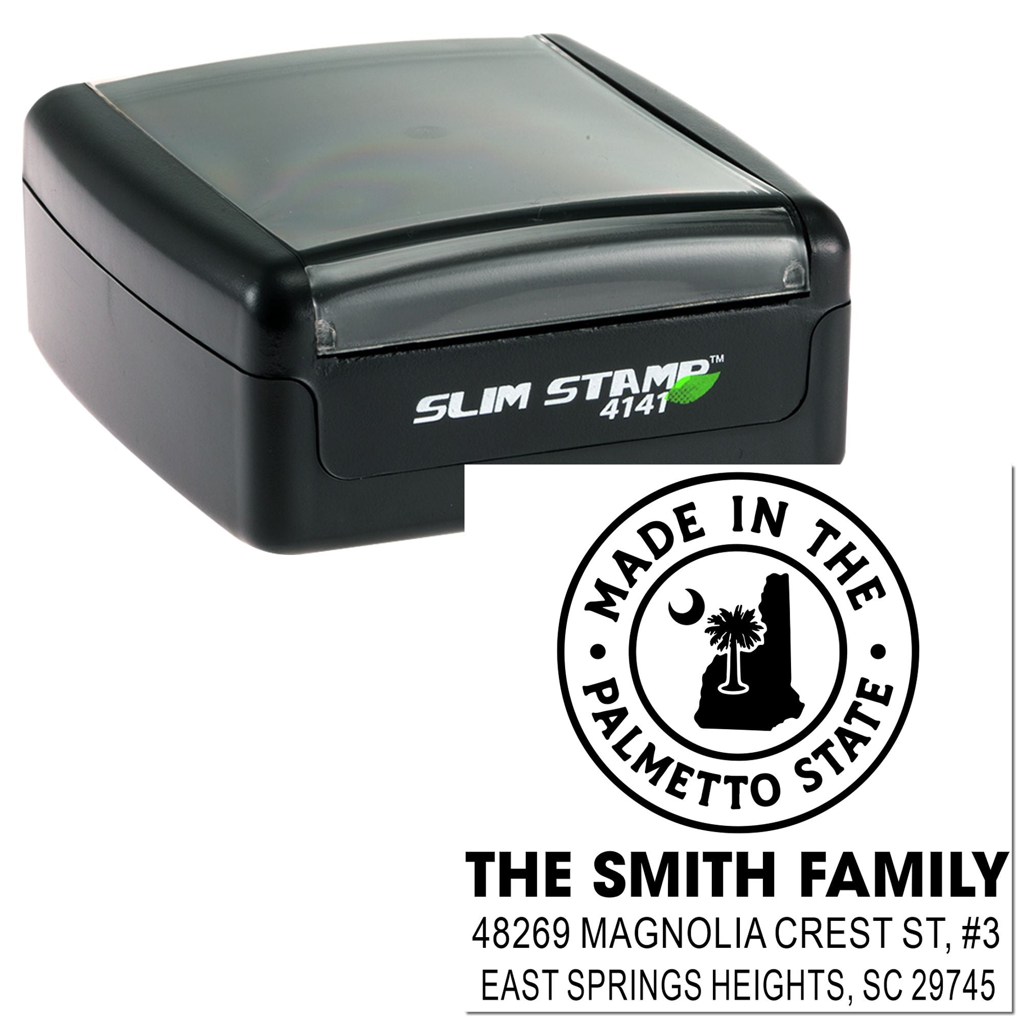Slim self-inking rubber stamp with custom South Carolina family address design and Made in the Palmetto State imprint.