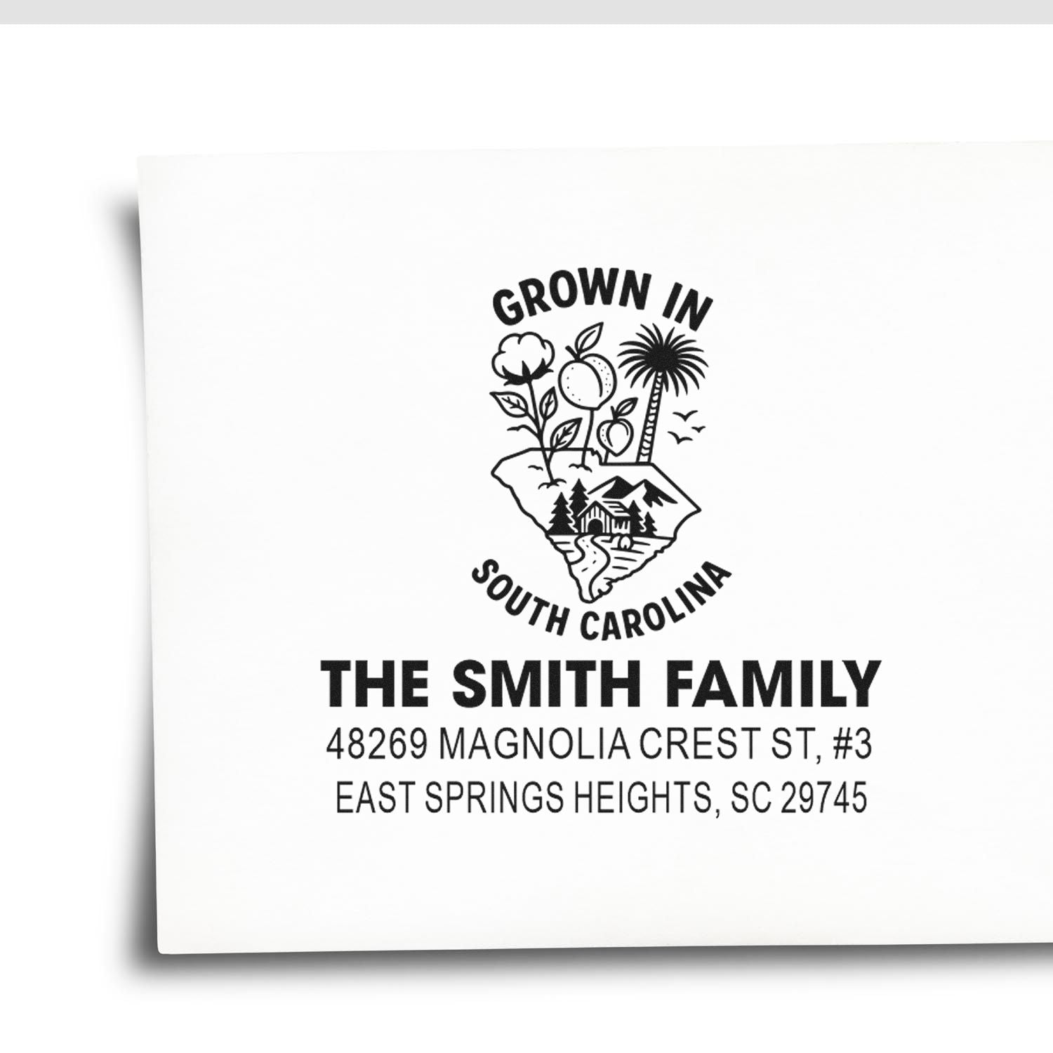 Personalized South Carolina address rubber stamp for The Smith Family, with custom Grown in South Carolina design.