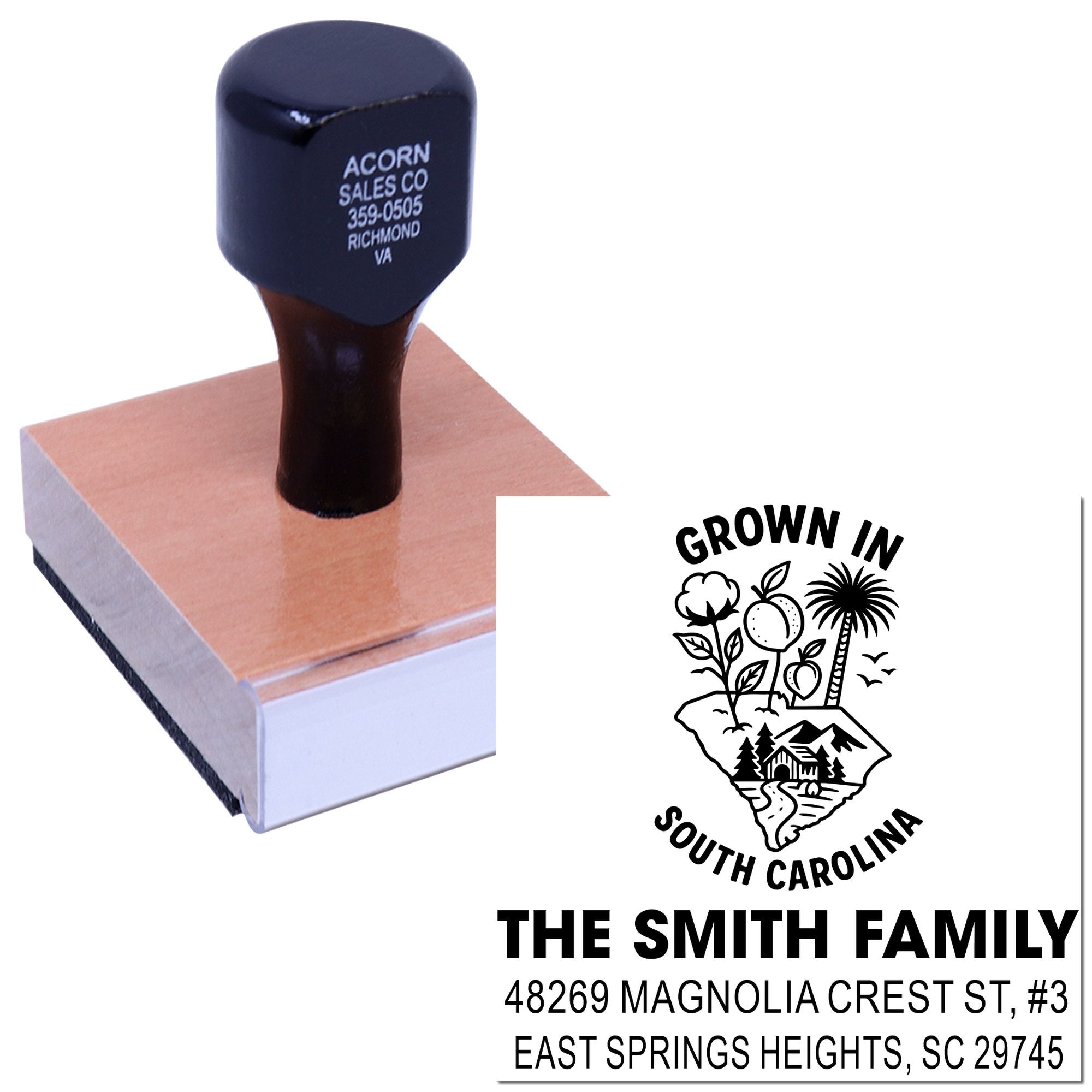 Custom rubber stamp for South Carolina family farm logo, name, and return address on produce labels.