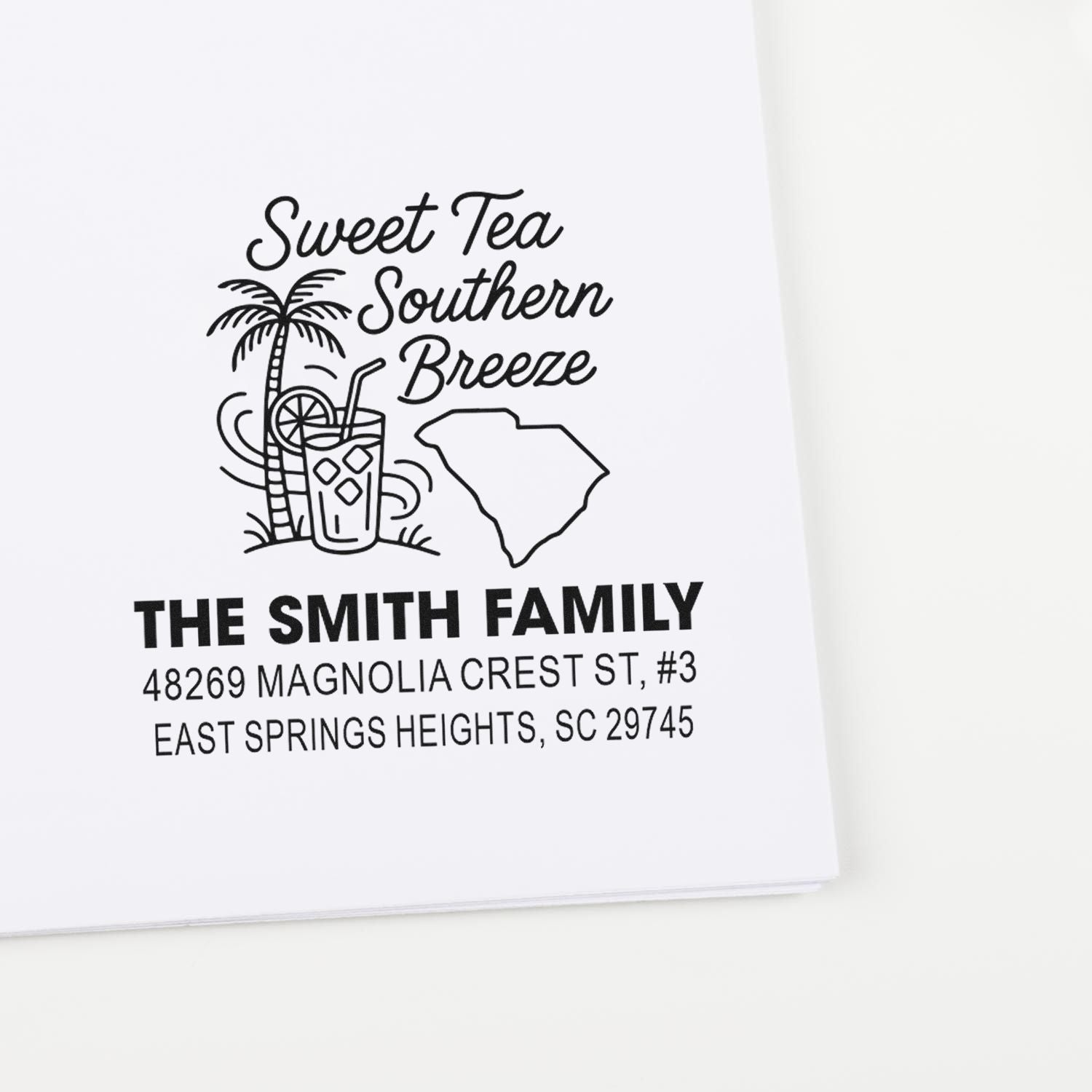 Custom South Carolina return address rubber stamp for The Smith Family with Sweet Tea Southern Breeze design.