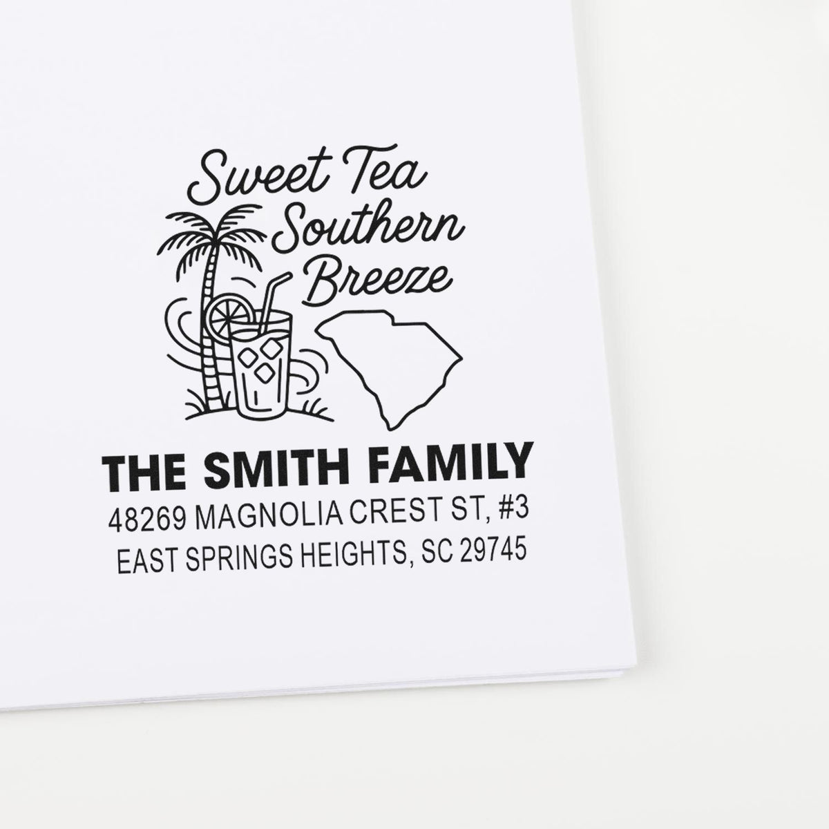 Personalized South Carolina return address rubber stamp with Sweet Tea Southern Breeze design and The Smith Family name.