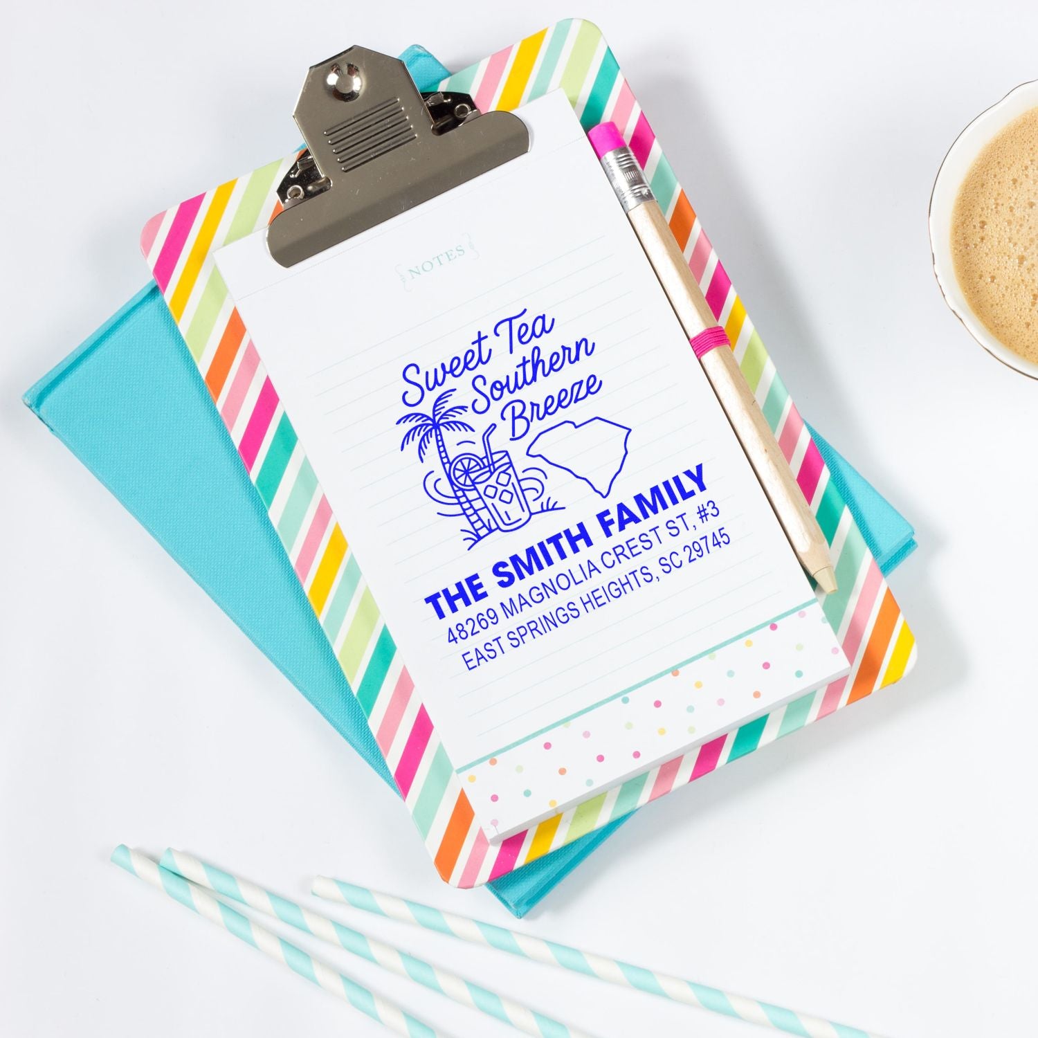 Personalized rubber address stamp on a clipboard, with Sweet Tea Southern Breeze design for family stationery.