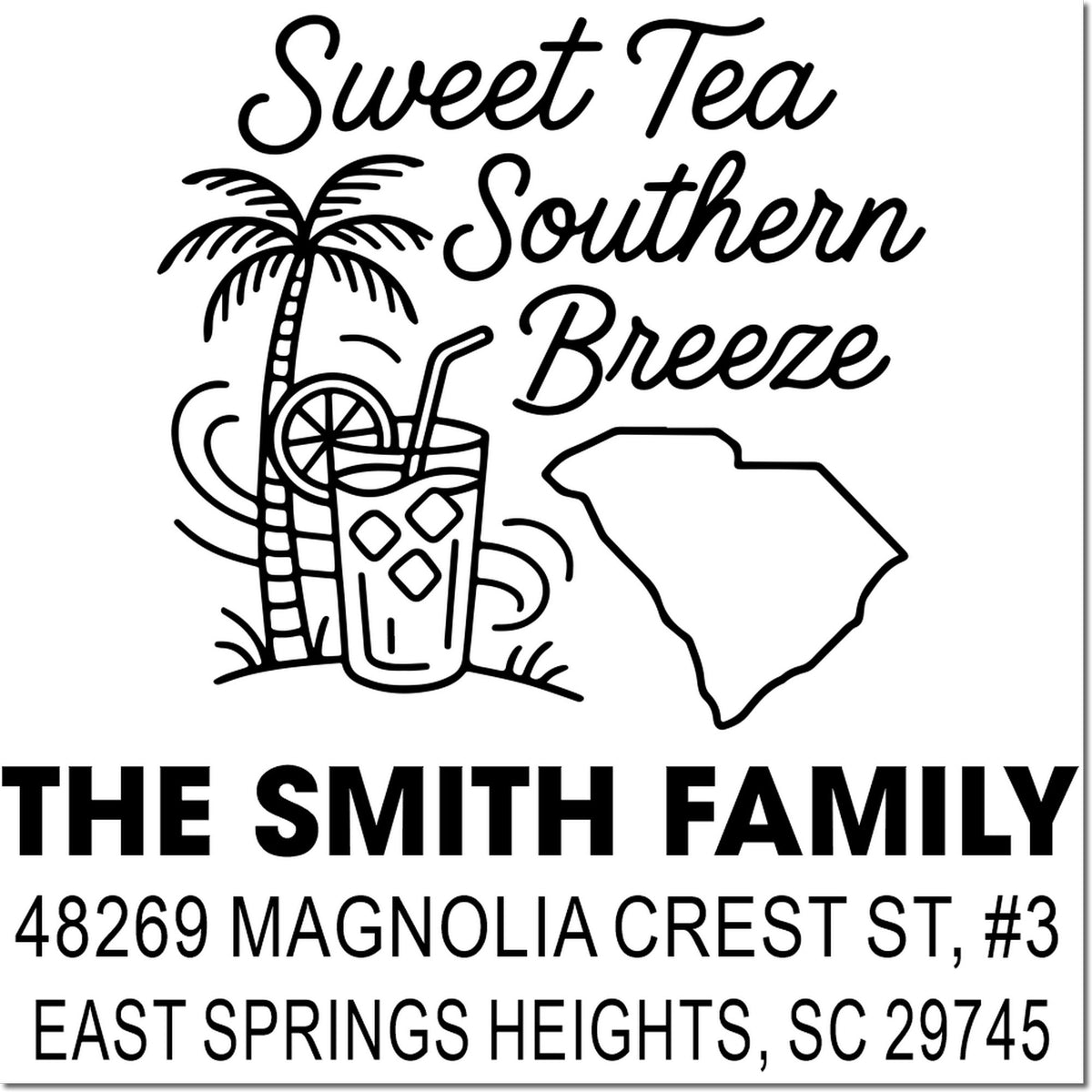 Personalized South Carolina return address rubber stamp with Sweet Tea Southern Breeze, palm tree, and iced tea design.