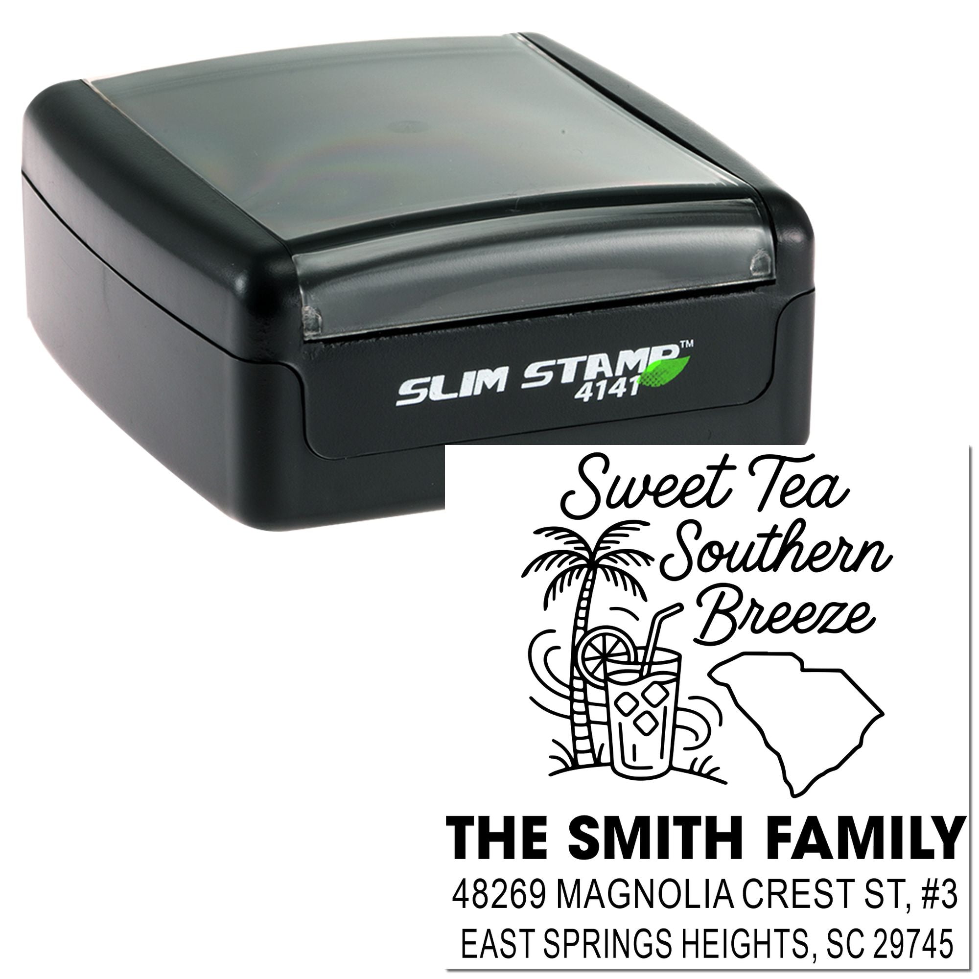 Custom rubber address stamp with South Carolina sweet tea design and Smith family return address for mailing.