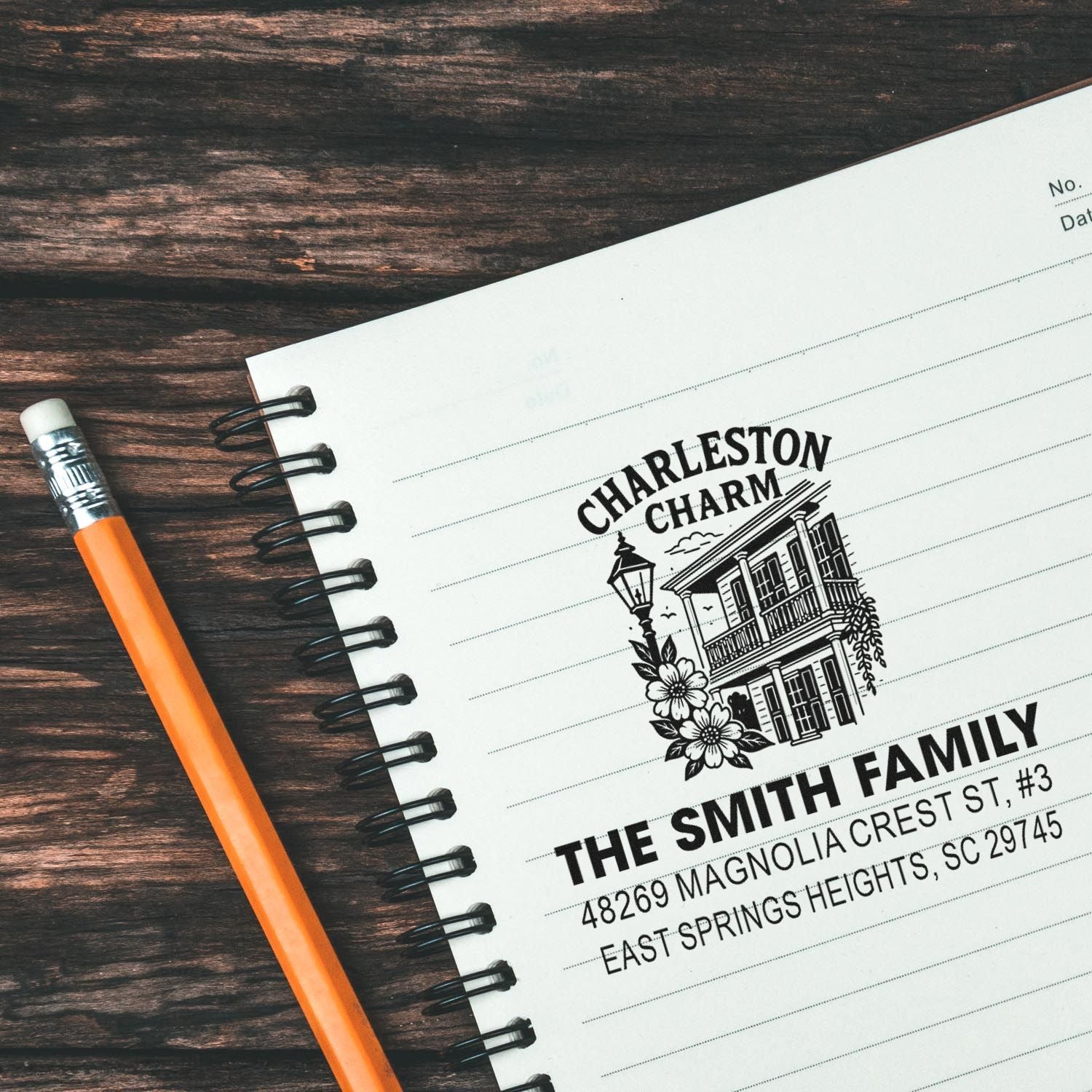 Personalized custom return address rubber stamp with Charleston Charm house design for The Smith Family.