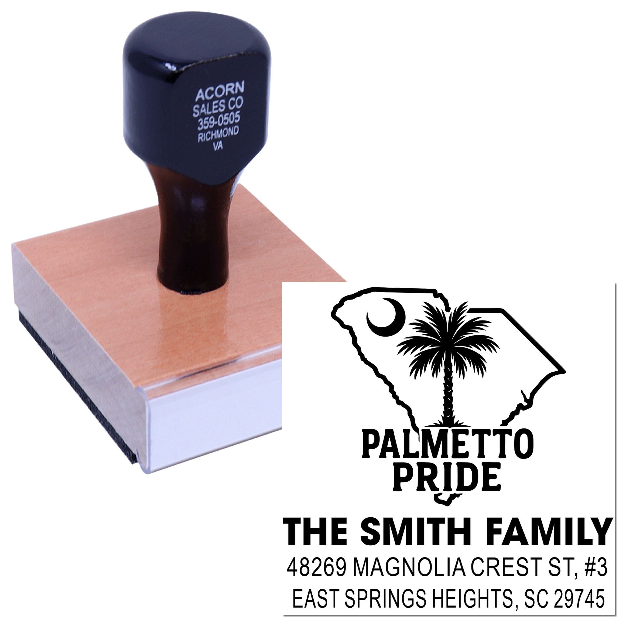 Personalized South Carolina rubber address stamp with Palmetto Pride design and family return address imprint