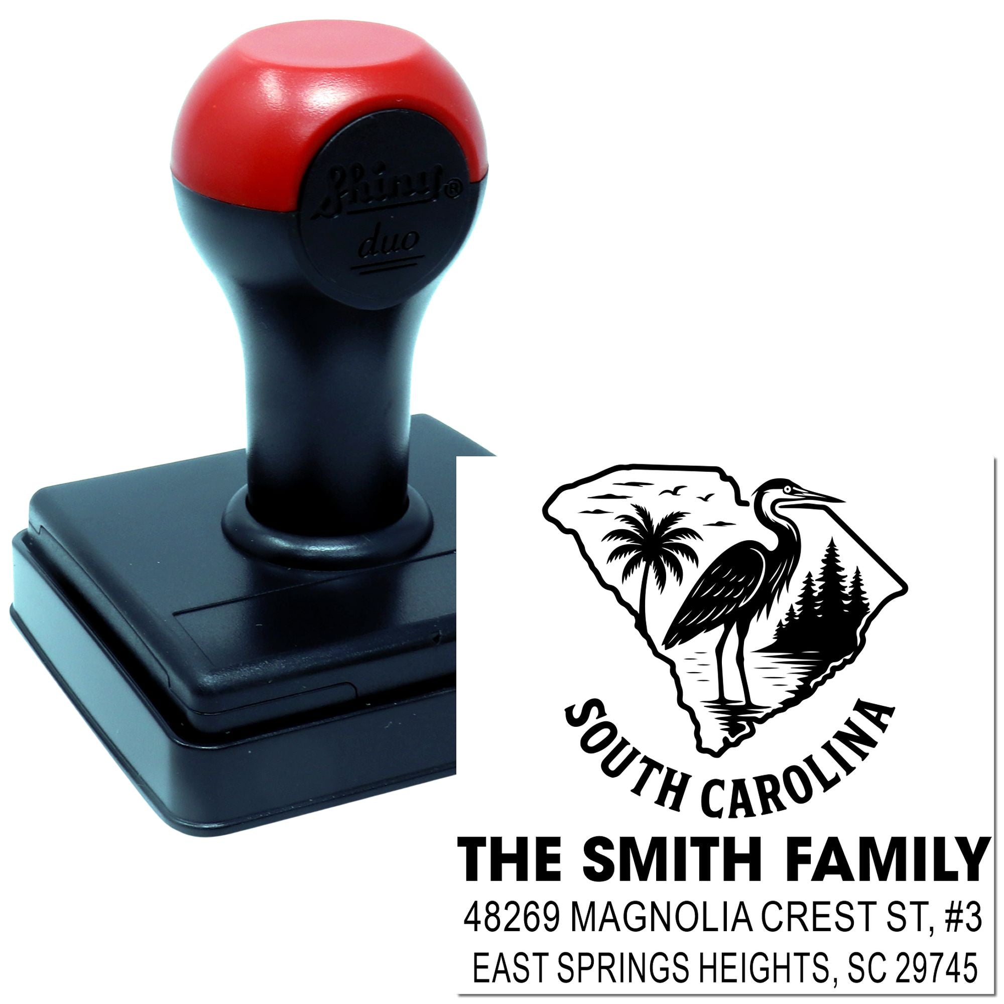 Custom self-inking rubber stamp featuring a South Carolina family return address design with personalized address imprint.