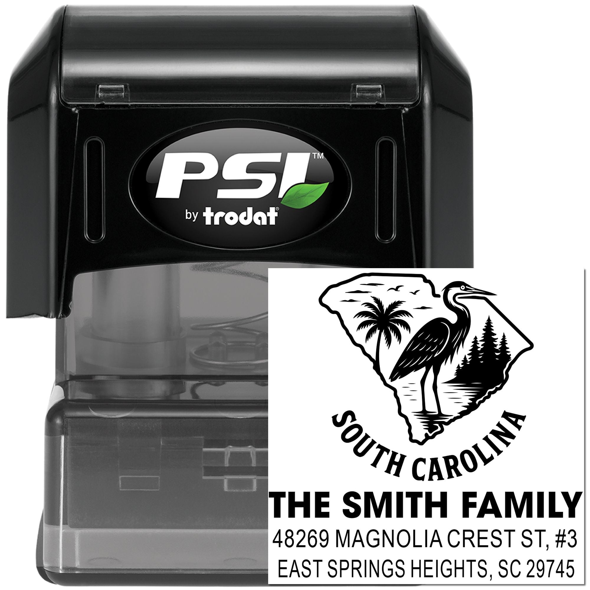 Custom self-inking return address rubber stamp, PSI by Trodat, with South Carolina family address design.