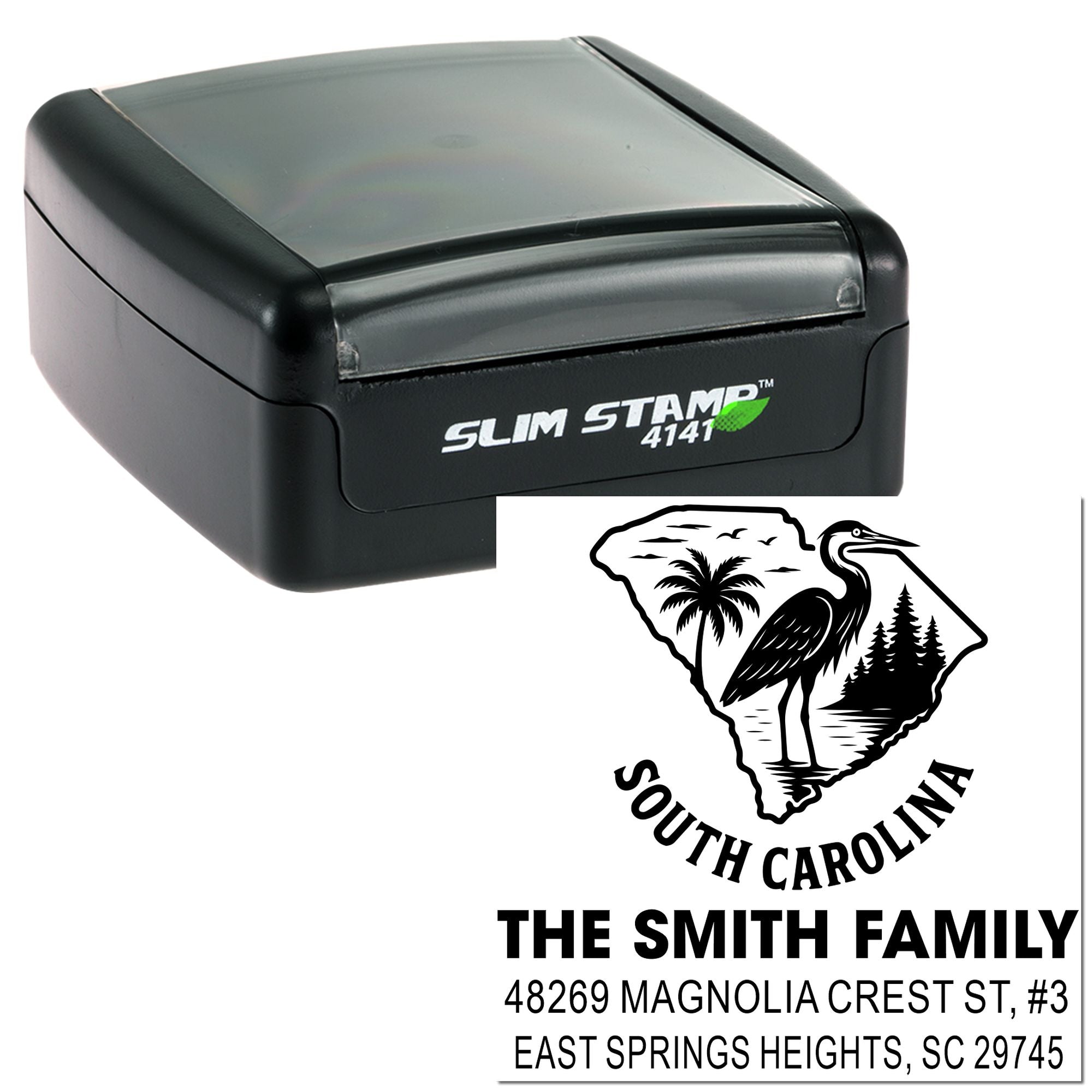 Slim Stamp 4141 self-inking rubber stamp with custom South Carolina family address design and logo imprint