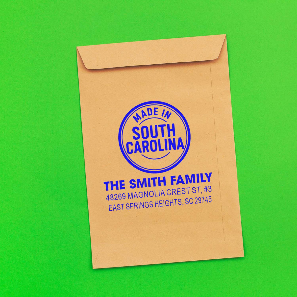 Personalized address rubber stamp on kraft envelope with Made in South Carolina for The Smith Family.