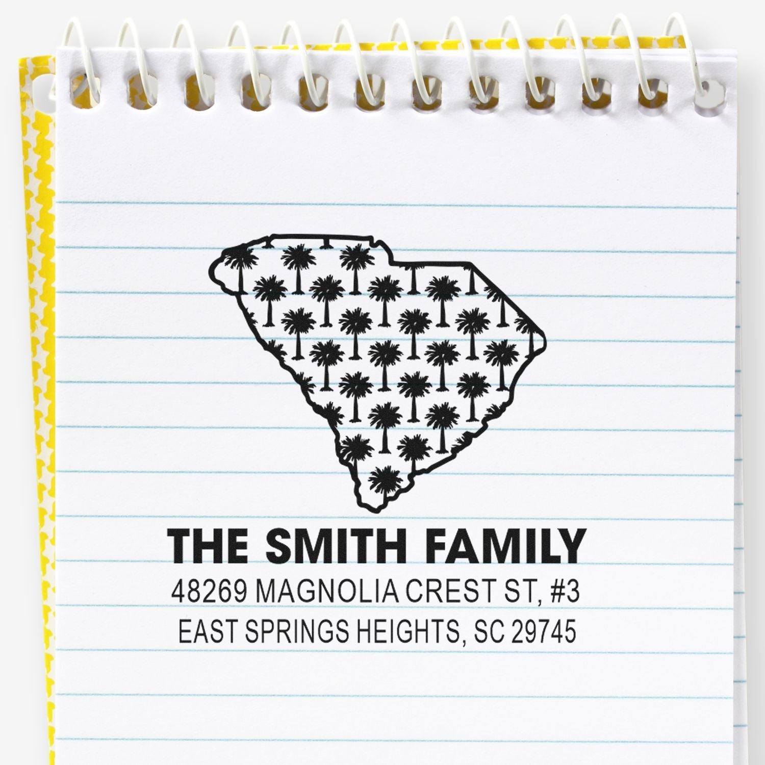Custom South Carolina return address rubber stamp with palm tree state design for The Smith Family