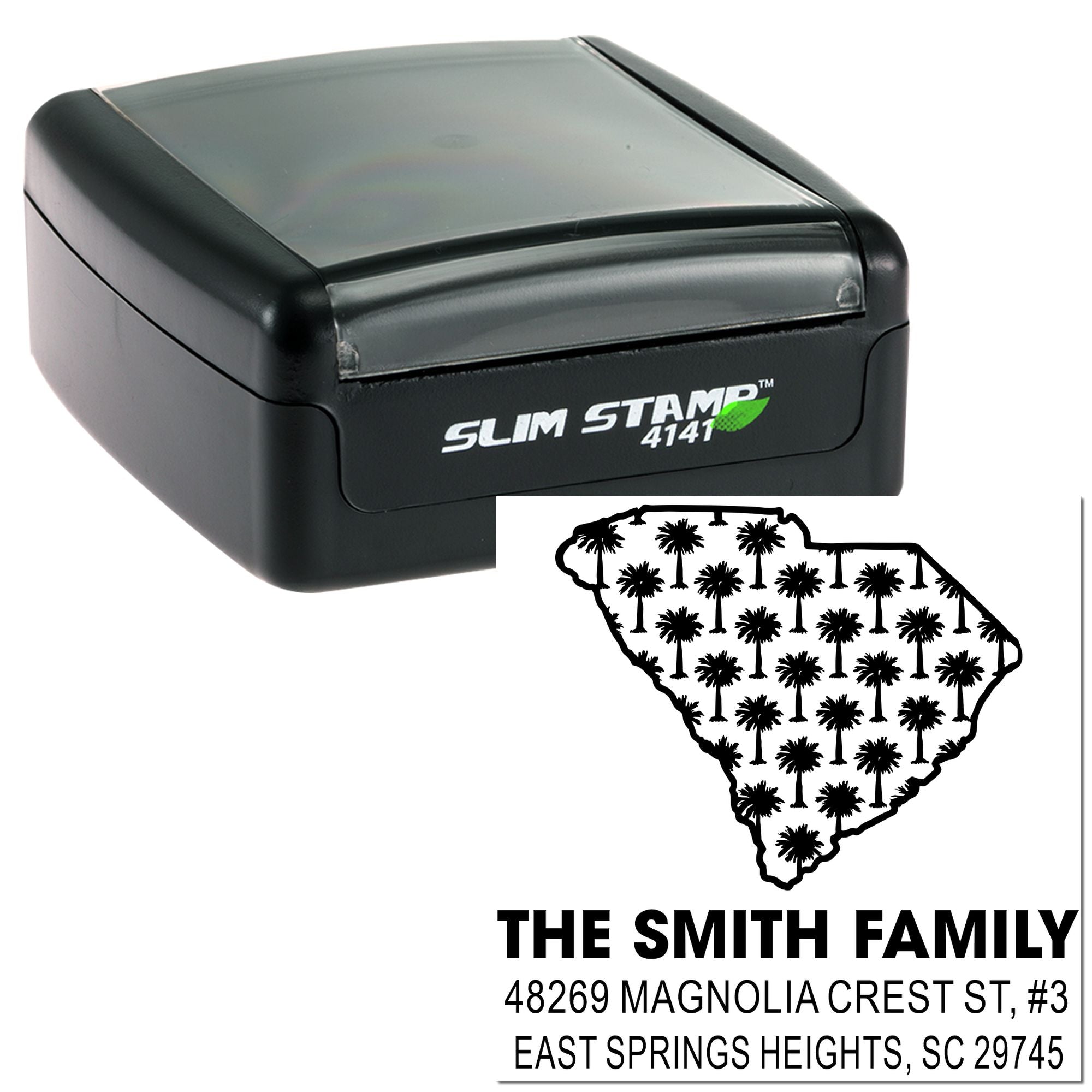 Custom South Carolina return address stamp with palmetto design for the Smith family, shown in a Slim Stamp 4141 case.