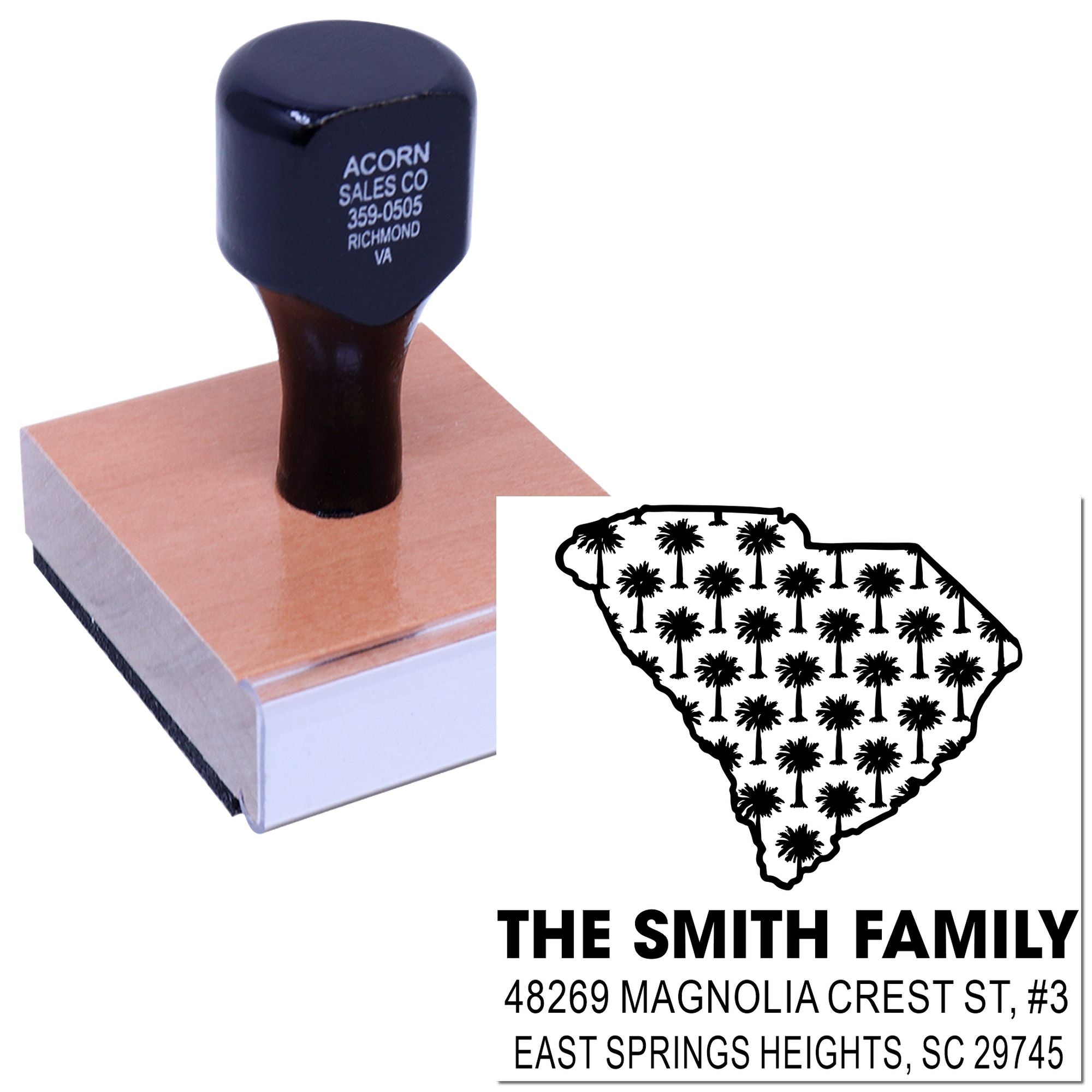 Custom South Carolina self-inking address rubber stamp with palm tree state design and return address imprint