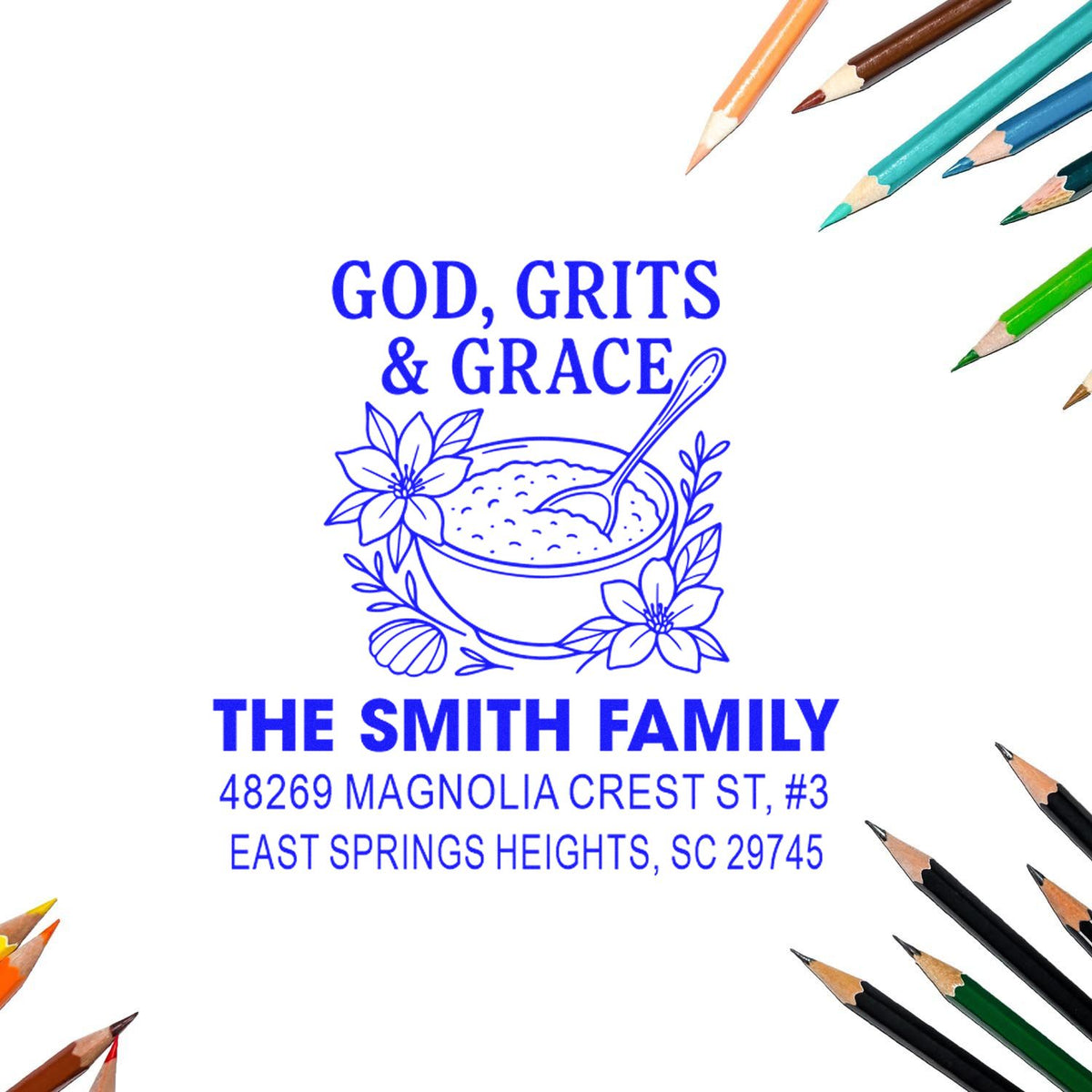 Custom return address rubber stamp for The Smith Family, featuring God, Grits & Grace and East Springs Heights, SC address.