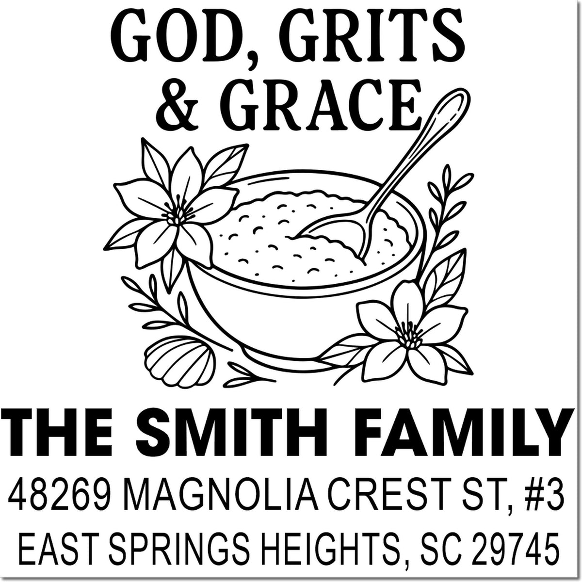 Custom return address stamp for The Smith Family, featuring God, Grits & Grace floral bowl artwork.