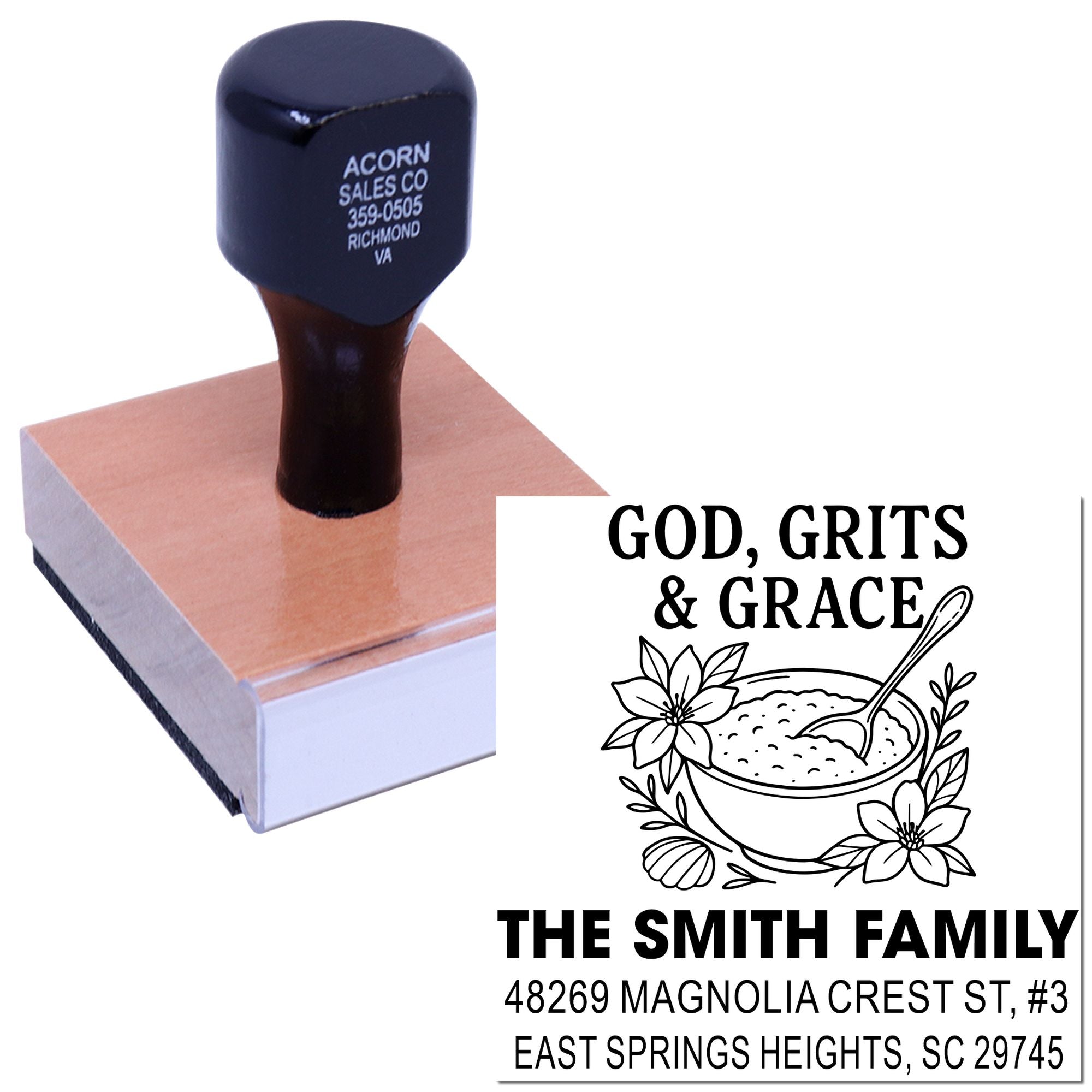 Custom return address rubber stamp with family name and God, Grits & Grace design for personalized mail.