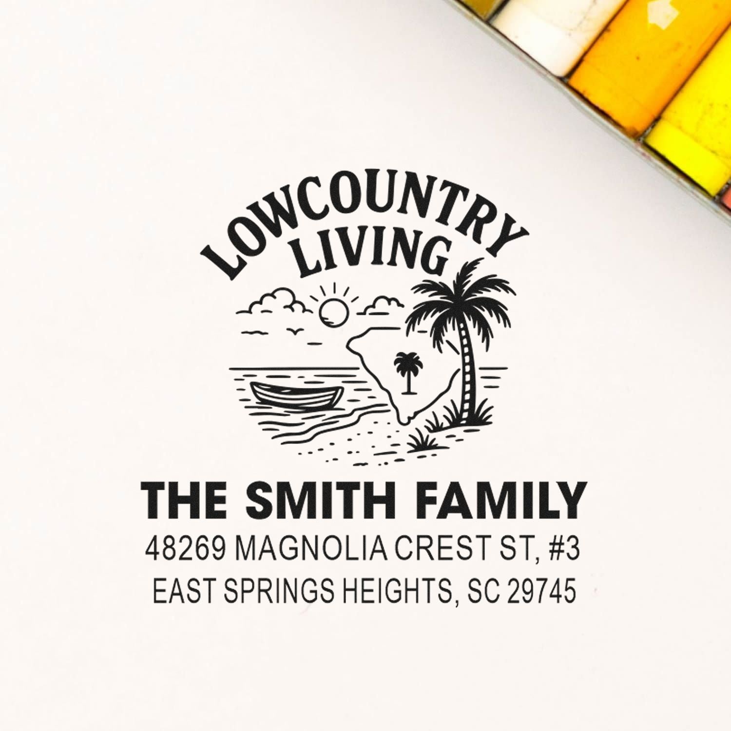 Custom family return address rubber stamp with Lowcountry Living coastal palm design for The Smith Family, South Carolina.
