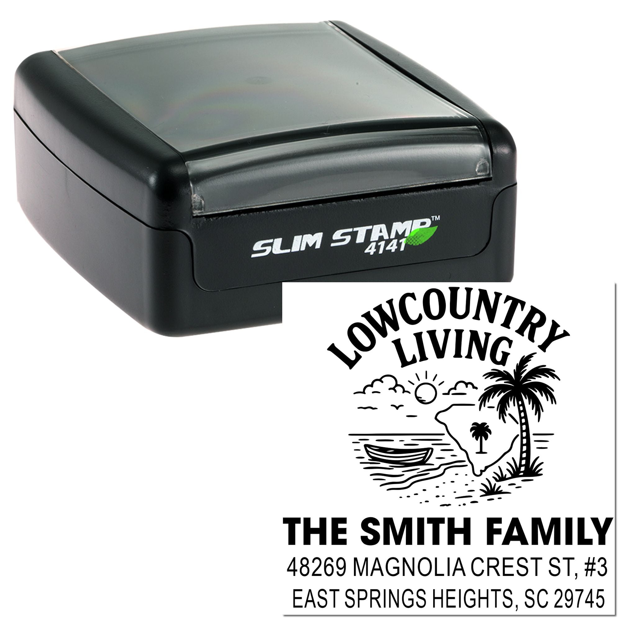 Slim Stamp self-inking rubber stamp with custom Lowcountry Living family address and palm tree design.