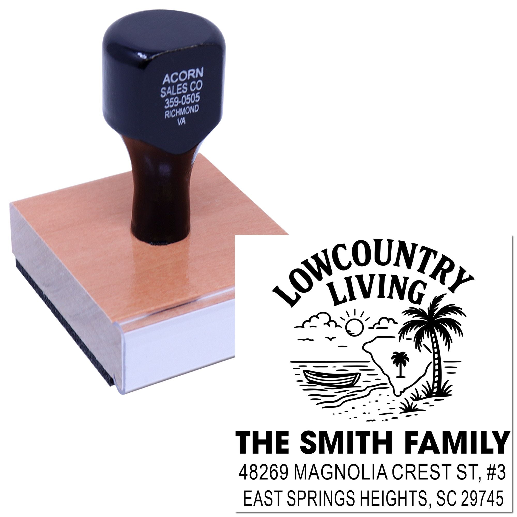 Custom home address rubber stamp with Lowcountry Living design, family name, and mailing address for personalized coastal mailings.