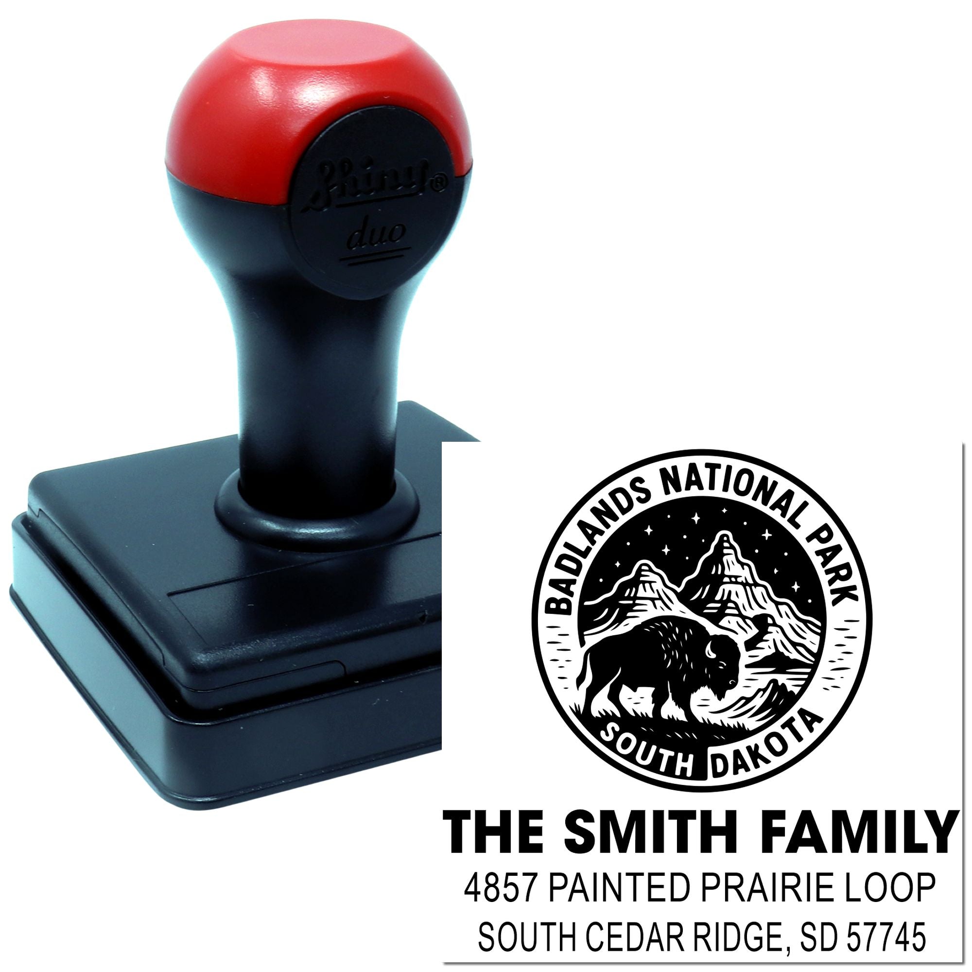 Personalized self-inking rubber stamp with Badlands National Park return address design for The Smith Family.