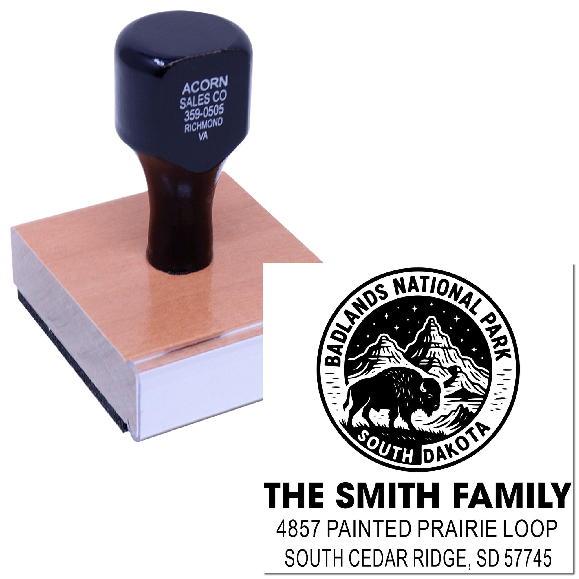 Custom rubber address stamp with Badlands National Park design and Smith family return address for personalized mailing.