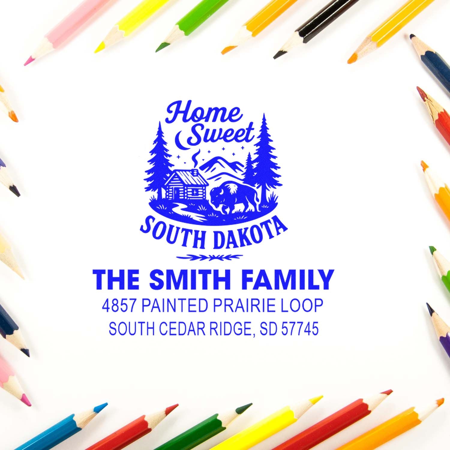 Custom return address rubber stamp for The Smith Family with Home Sweet South Dakota design and personalized address