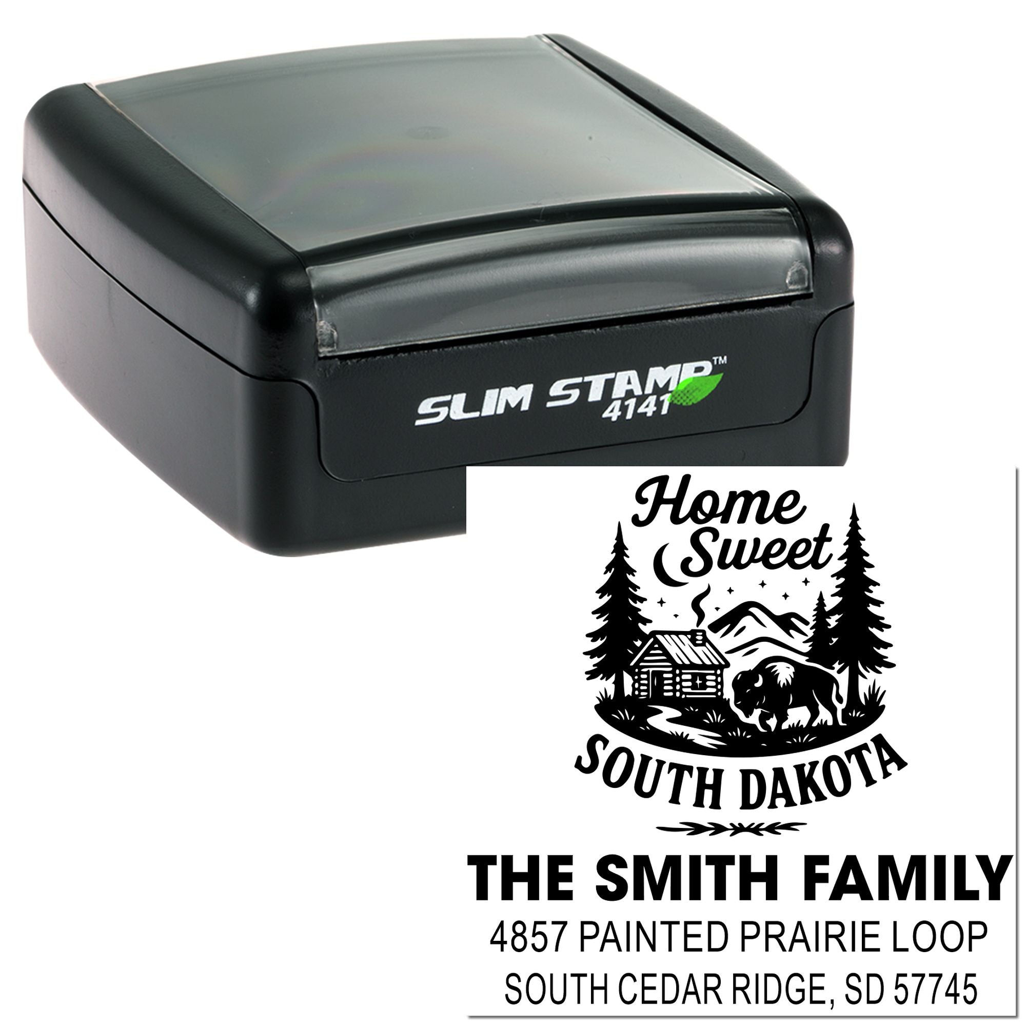 Slim self-inking rubber address stamp with custom Home Sweet South Dakota family return address design.