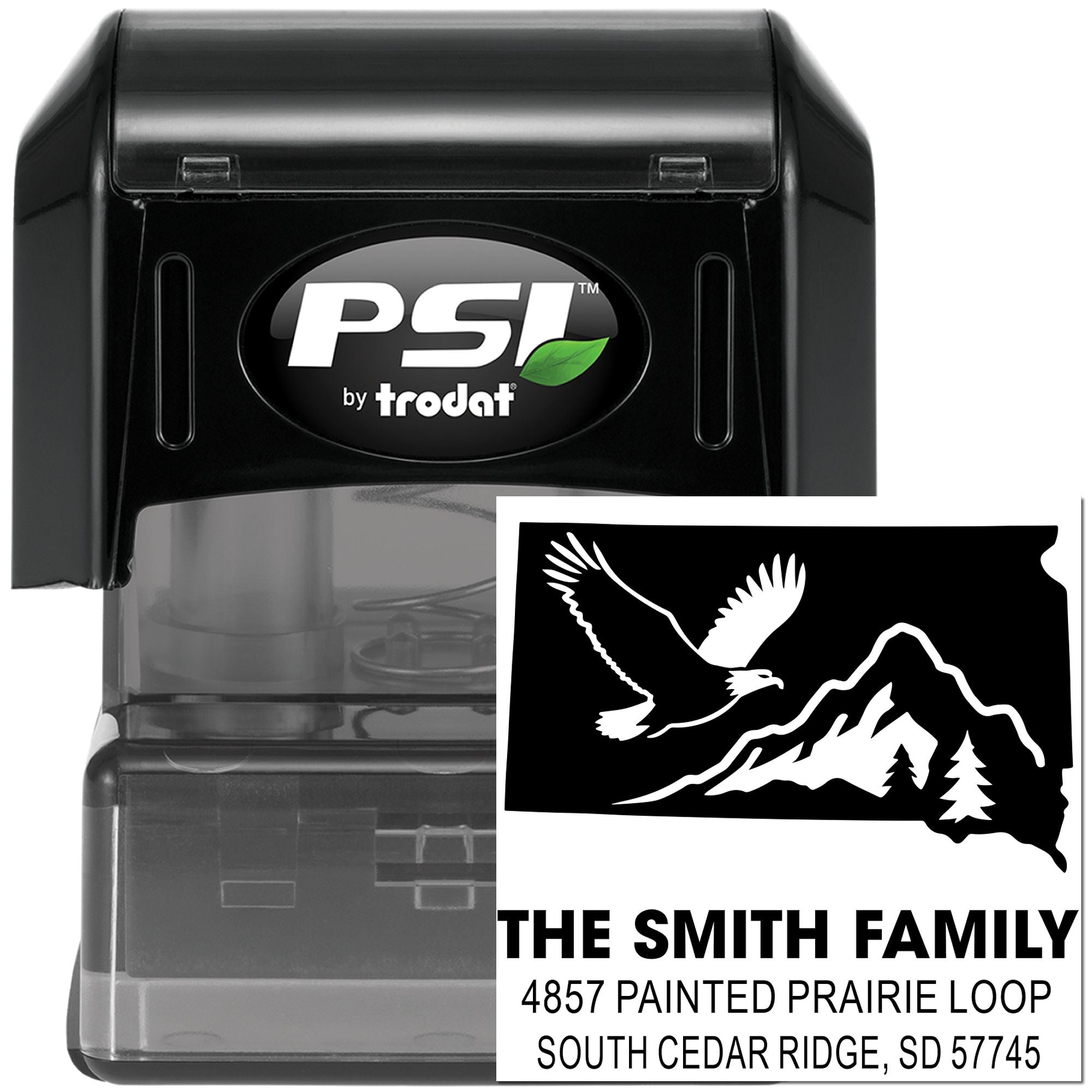 Custom self-inking return address rubber stamp with eagle, mountain and tree design, PSI by Trodat.