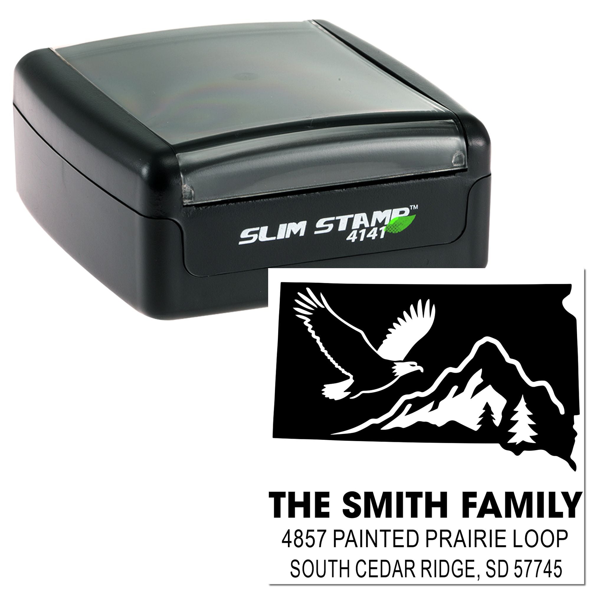 Slim self-inking rubber stamp with eagle and mountain design, personalized family name and address imprint