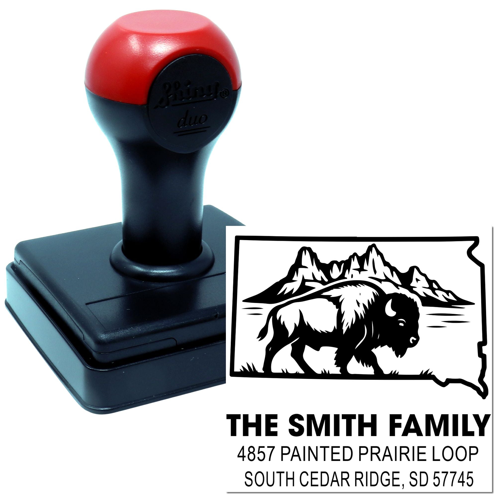 Custom self-inking rubber return address stamp with South Dakota bison design for family envelopes and mail