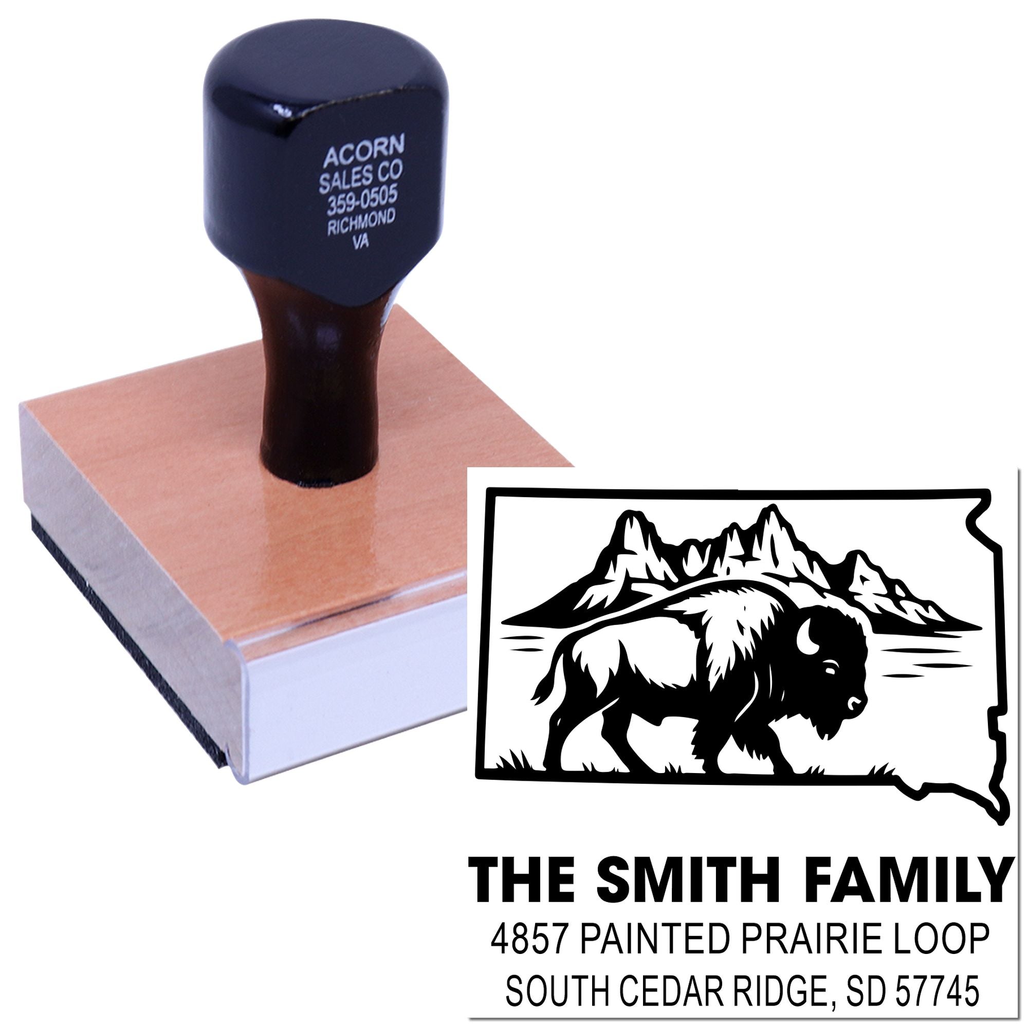 Custom rubber address stamp with South Dakota bison design and family return address for mailing envelopes.